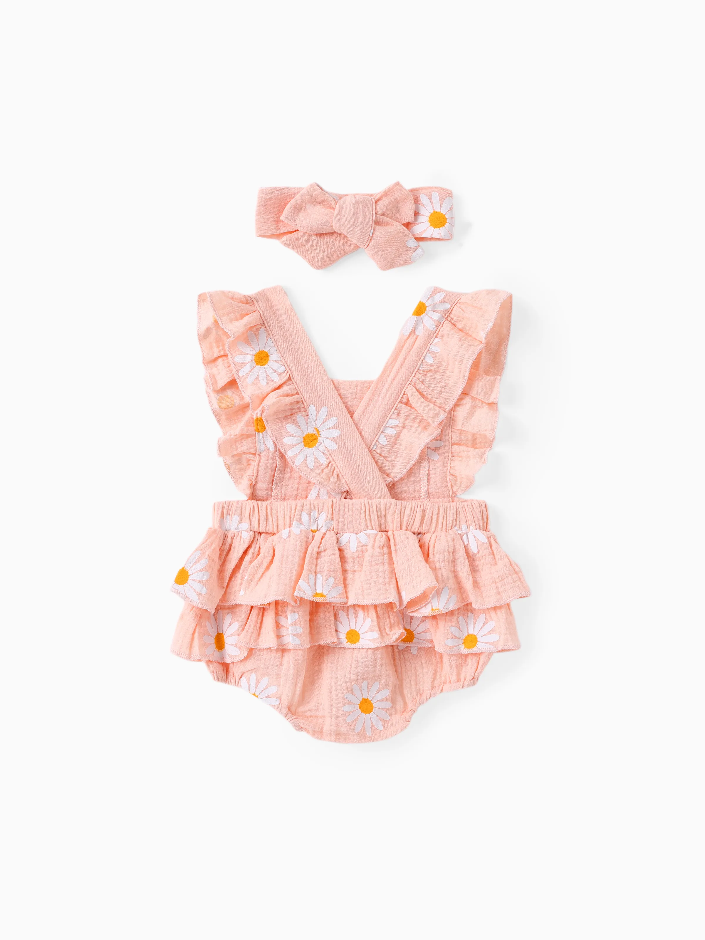 100% Cotton 2pcs Daisy Print Crepe Fabric Baby Romper Set Pink - Image 2