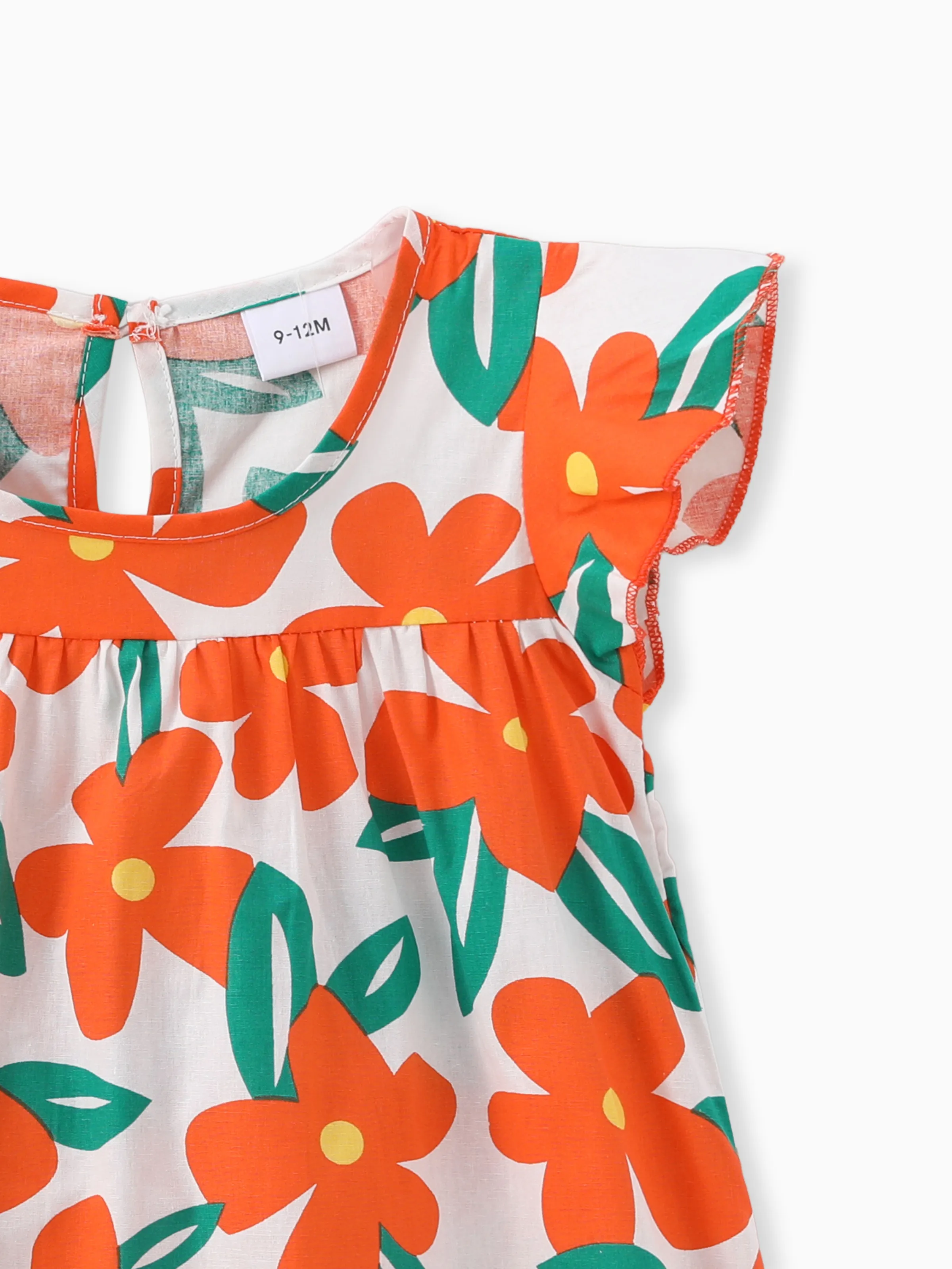 100% Cotton Baby Girl All Over Floral Print Flutter-sleeve Loose-fit Dress Orange - Image 6