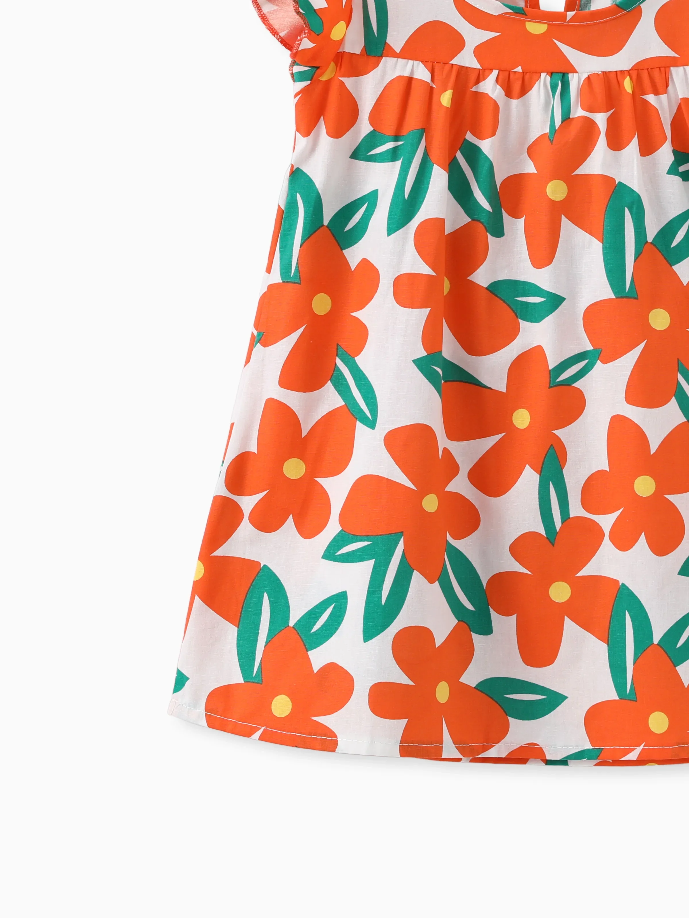 100% Cotton Baby Girl All Over Floral Print Flutter-sleeve Loose-fit Dress Orange - Image 8