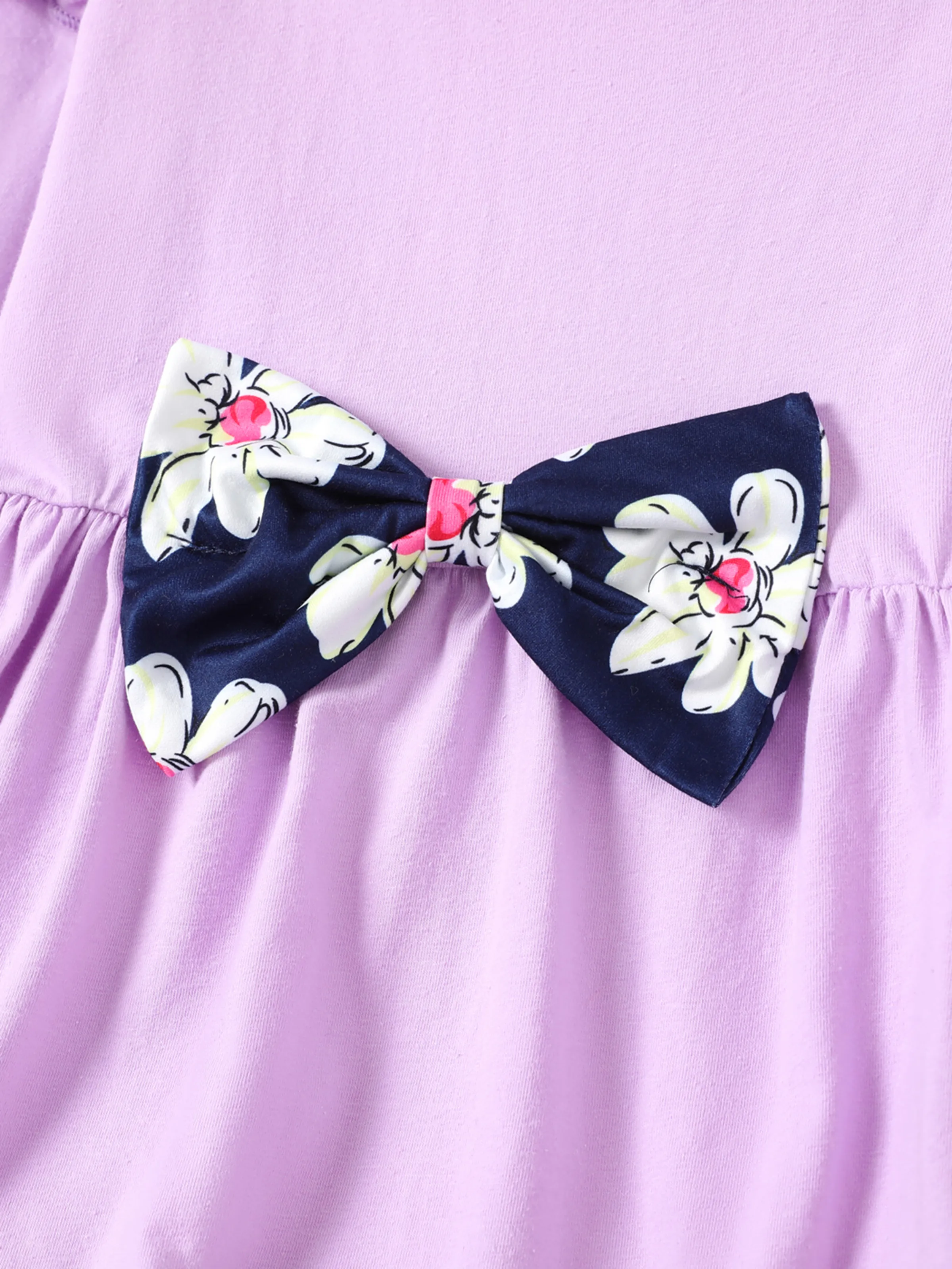 2-piece Kid Girl Bowknot Ruffled Long-sleeves Tee and Flower Allover Print Pants Light Purple - Image 3