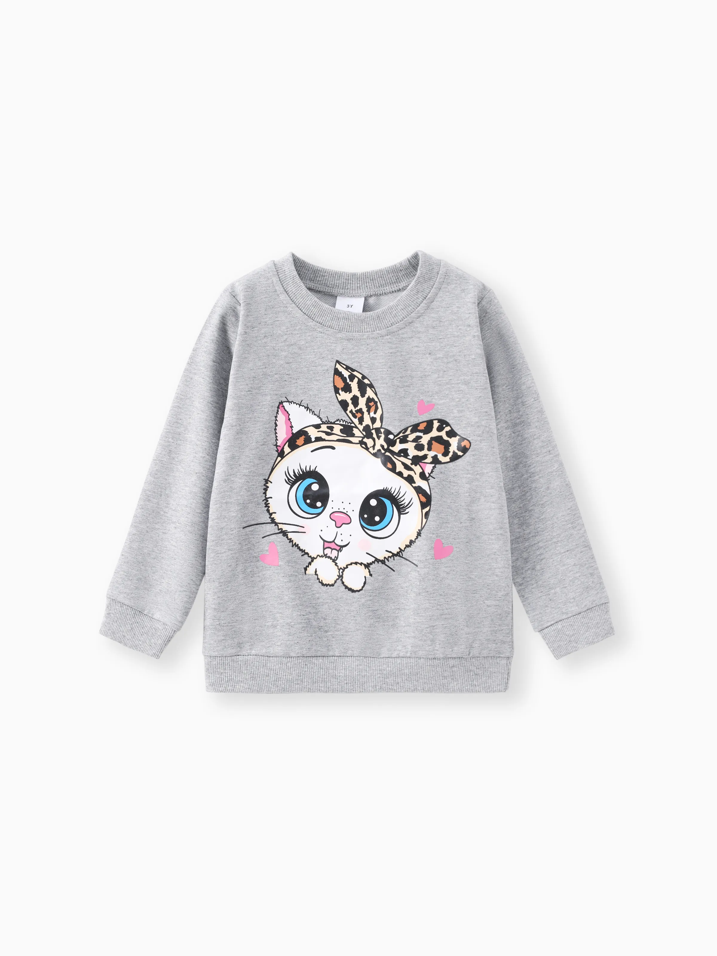 2-piece Toddler Girl Cat Print Pullover Sweatshirt and Leopard Print Pants Set Grey - Image 5