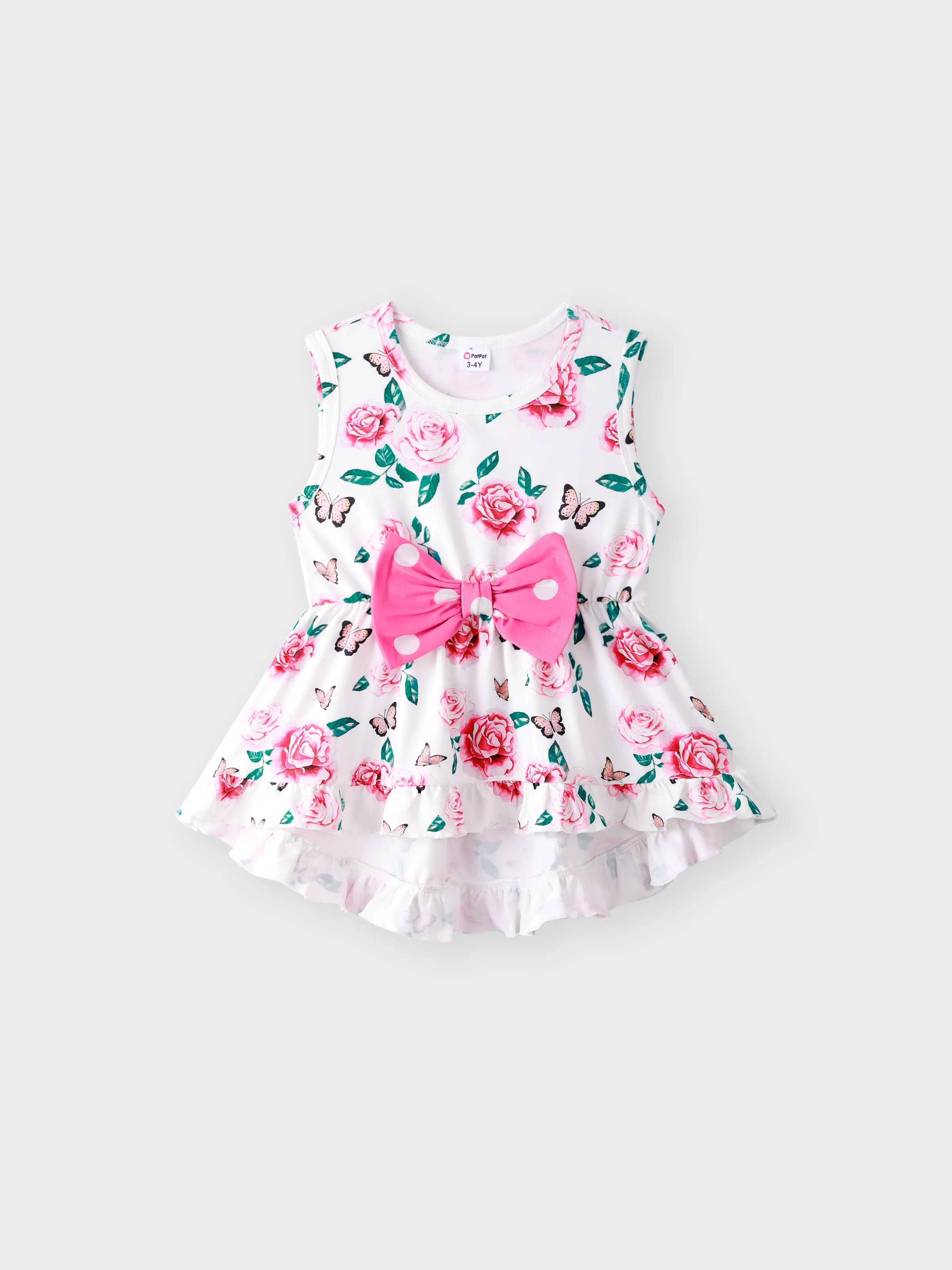 2-piece Toddler Girl Floral Print Bowknot Design Ruffled High Low Sleeveless Tee and Polka dots Pants Set Pink - Image 3