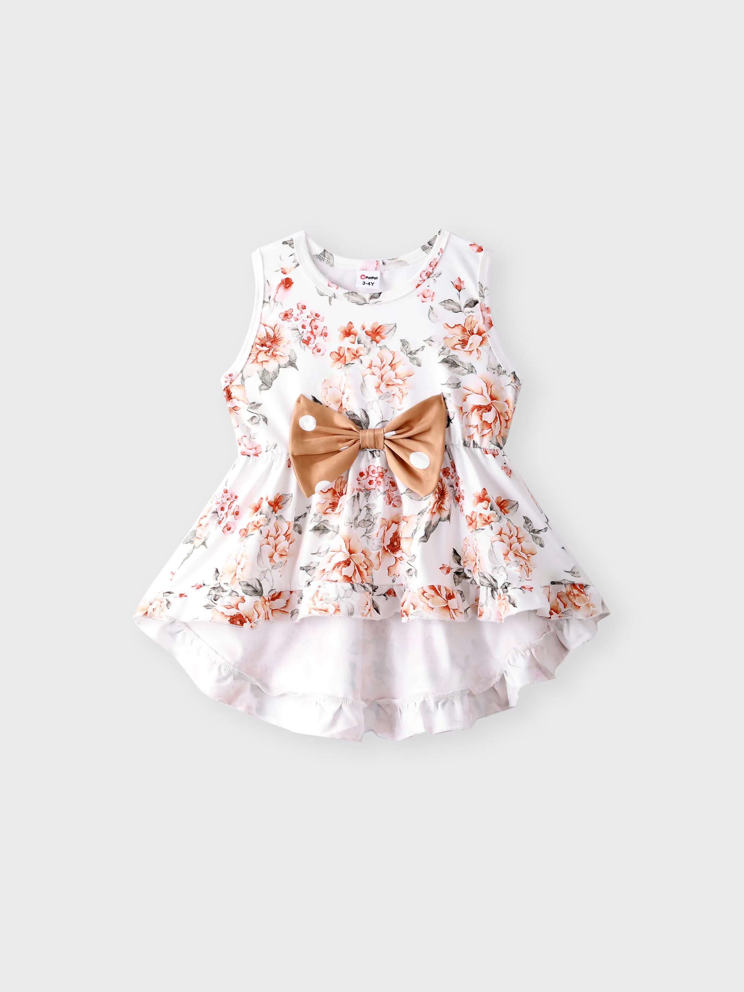 2-piece Toddler Girl Floral Print Bowknot Design Ruffled High Low Sleeveless Tee and Polka dots Pants Set White - Image 3