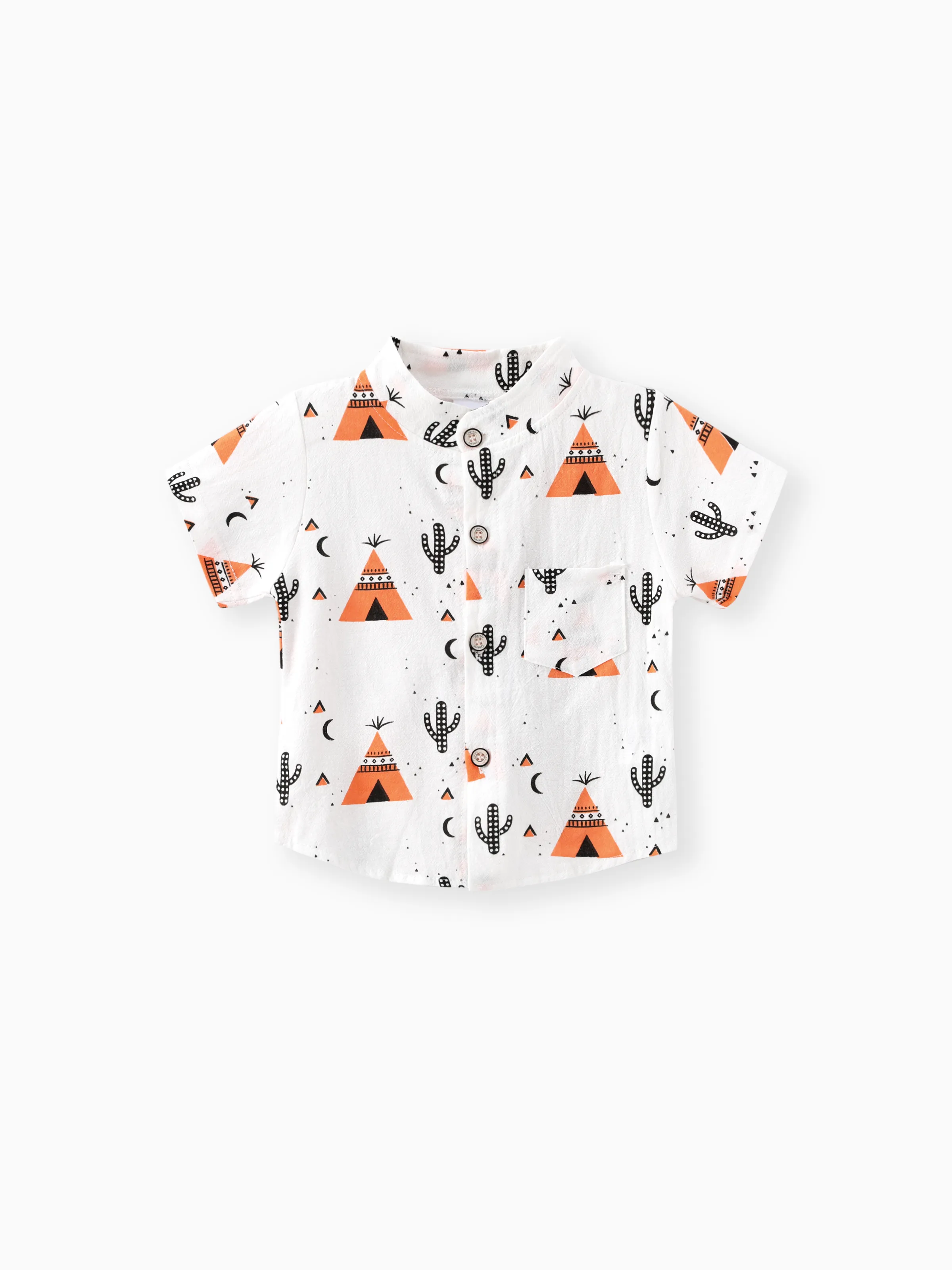 2pcs Baby Boy 95% Cotton Short-sleeve All Over Cactus Print Button Up Shirt and Solid Shorts Set Orange - Image 3