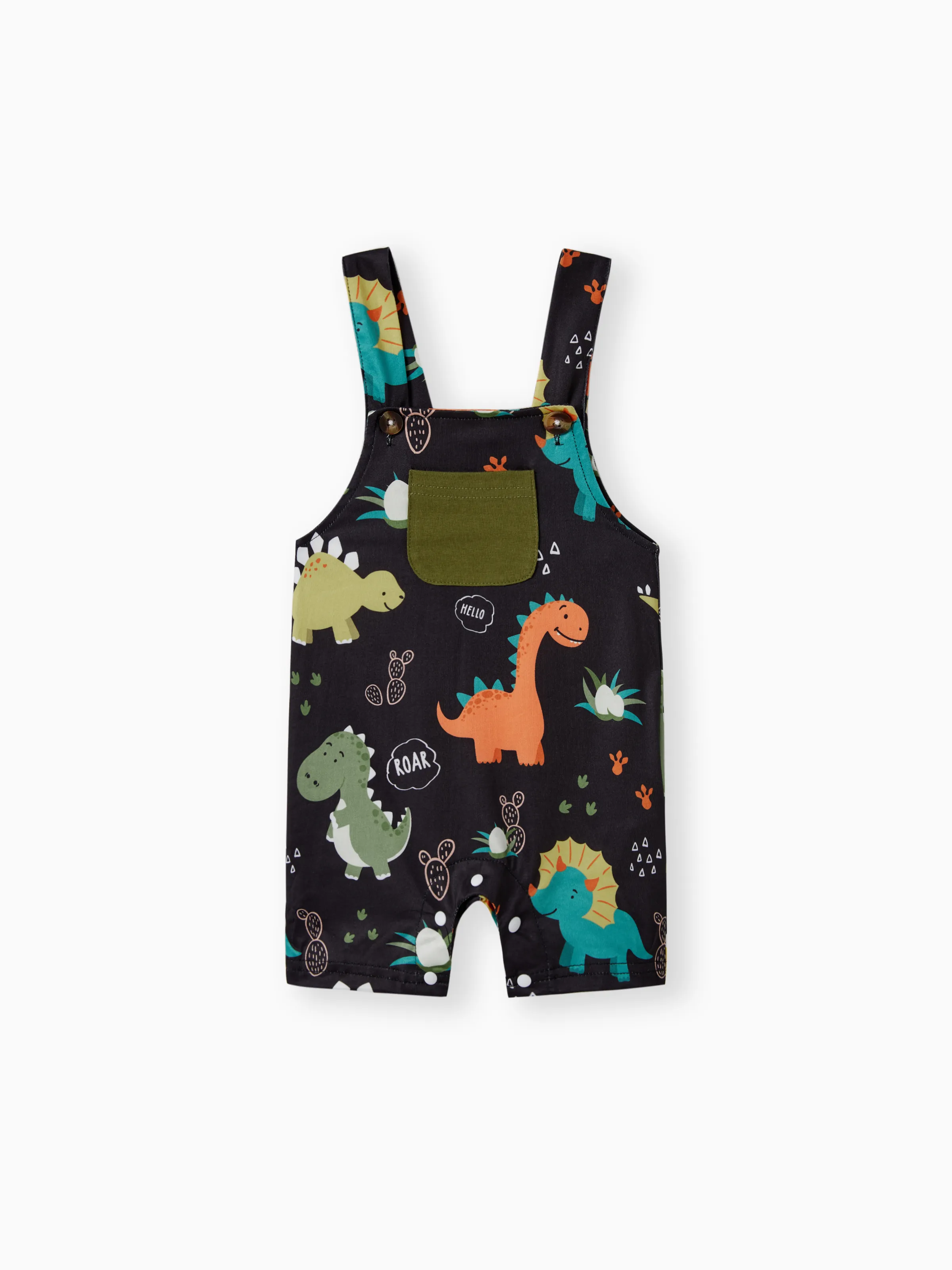 2pcs Baby Boy Short-sleeve Solid Tee and Allover Dinosaur Print Overall Romper Set Army green - Image 3