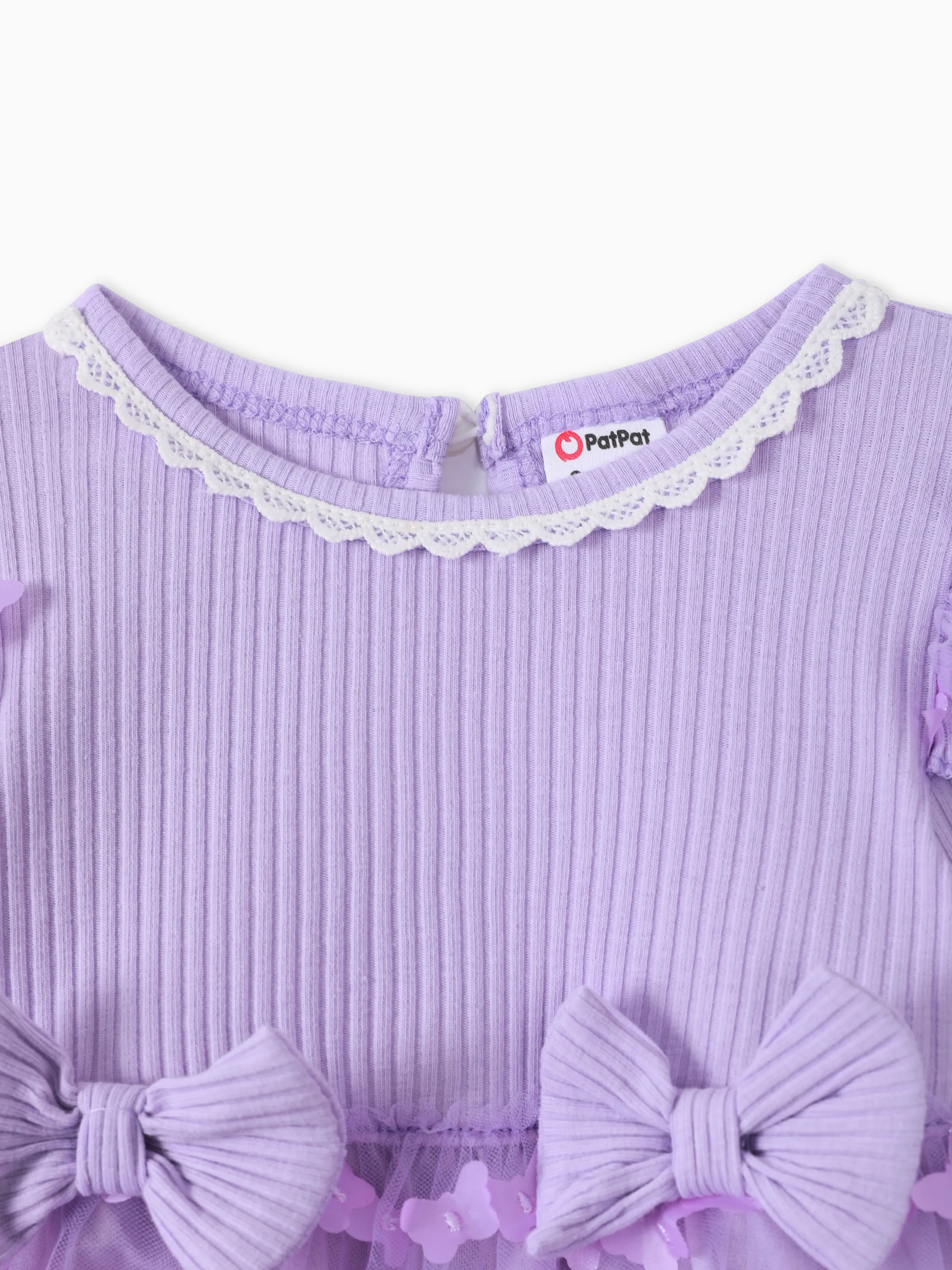 2pcs Baby Girl 95% Cotton Ribbed Long-sleeve Splicing 3D Butterfly Appliques Mesh Fairy Dress with Headband Set Purple - Image 3