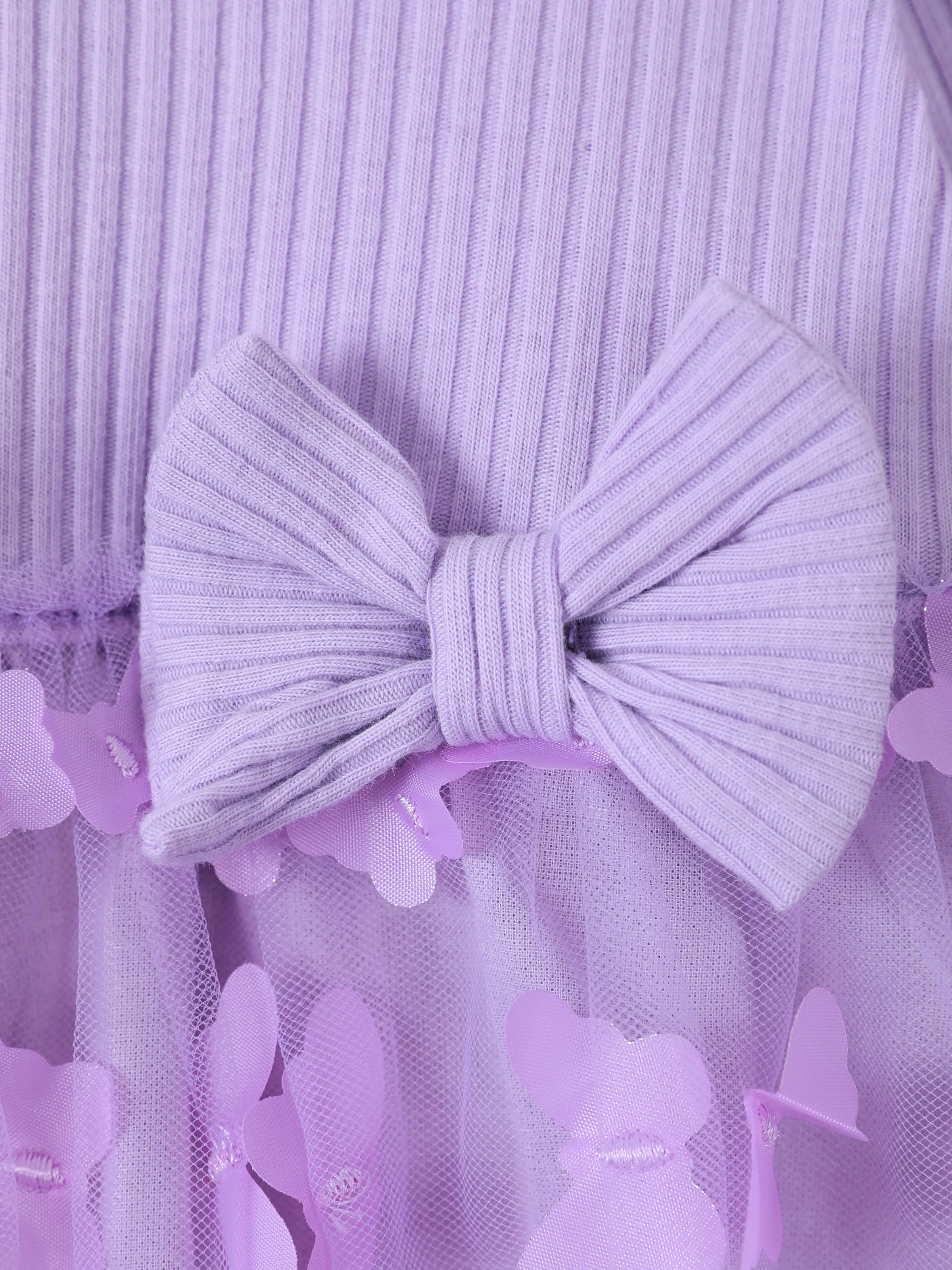 2pcs Baby Girl 95% Cotton Ribbed Long-sleeve Splicing 3D Butterfly Appliques Mesh Fairy Dress with Headband Set Purple - Image 7