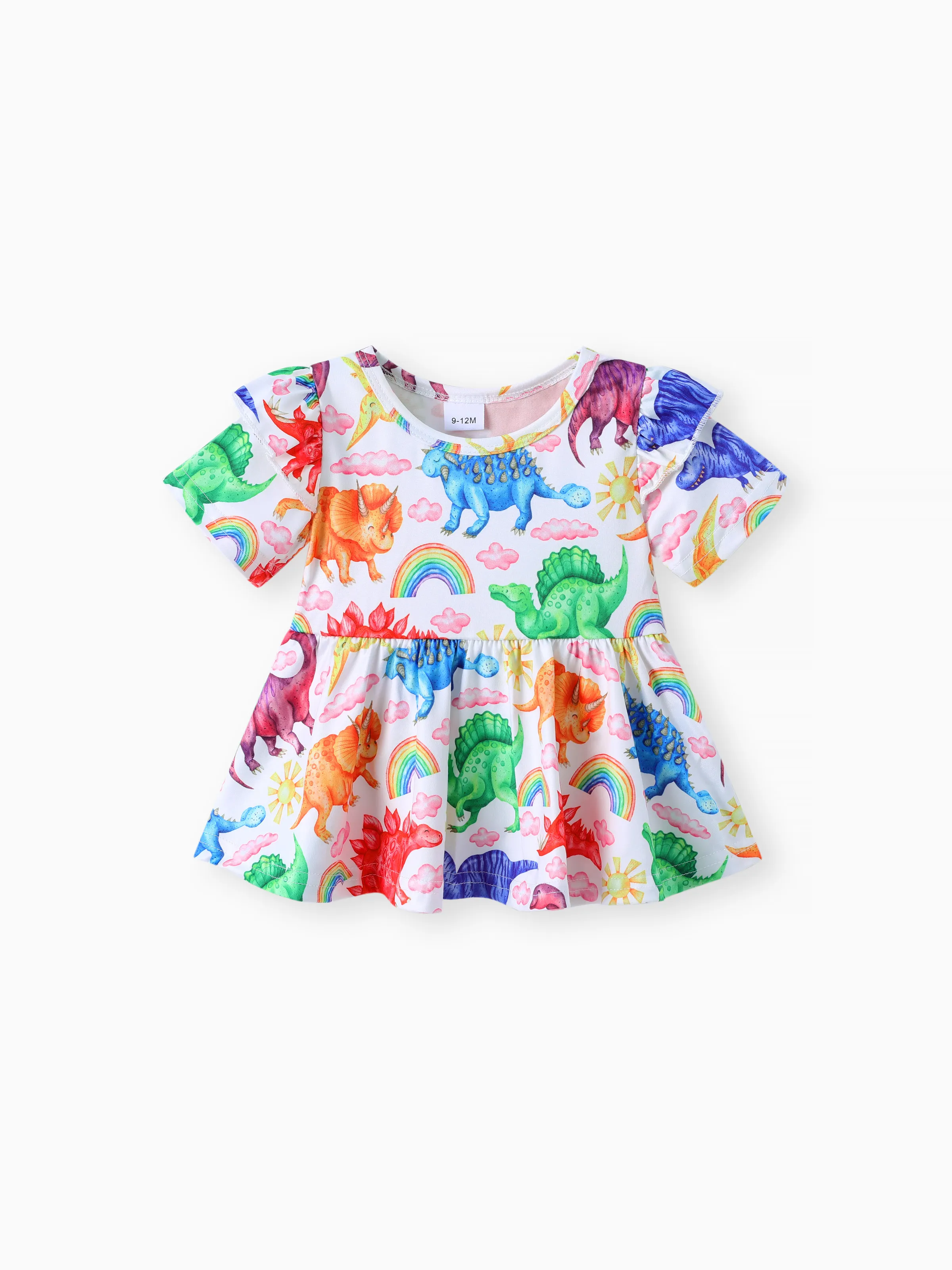 2pcs Baby Girl 95% Cotton Ripped Denim Jeans and Allover Dinosaur Print Ruffle Short-sleeve Top Set Multi-color - Image 2