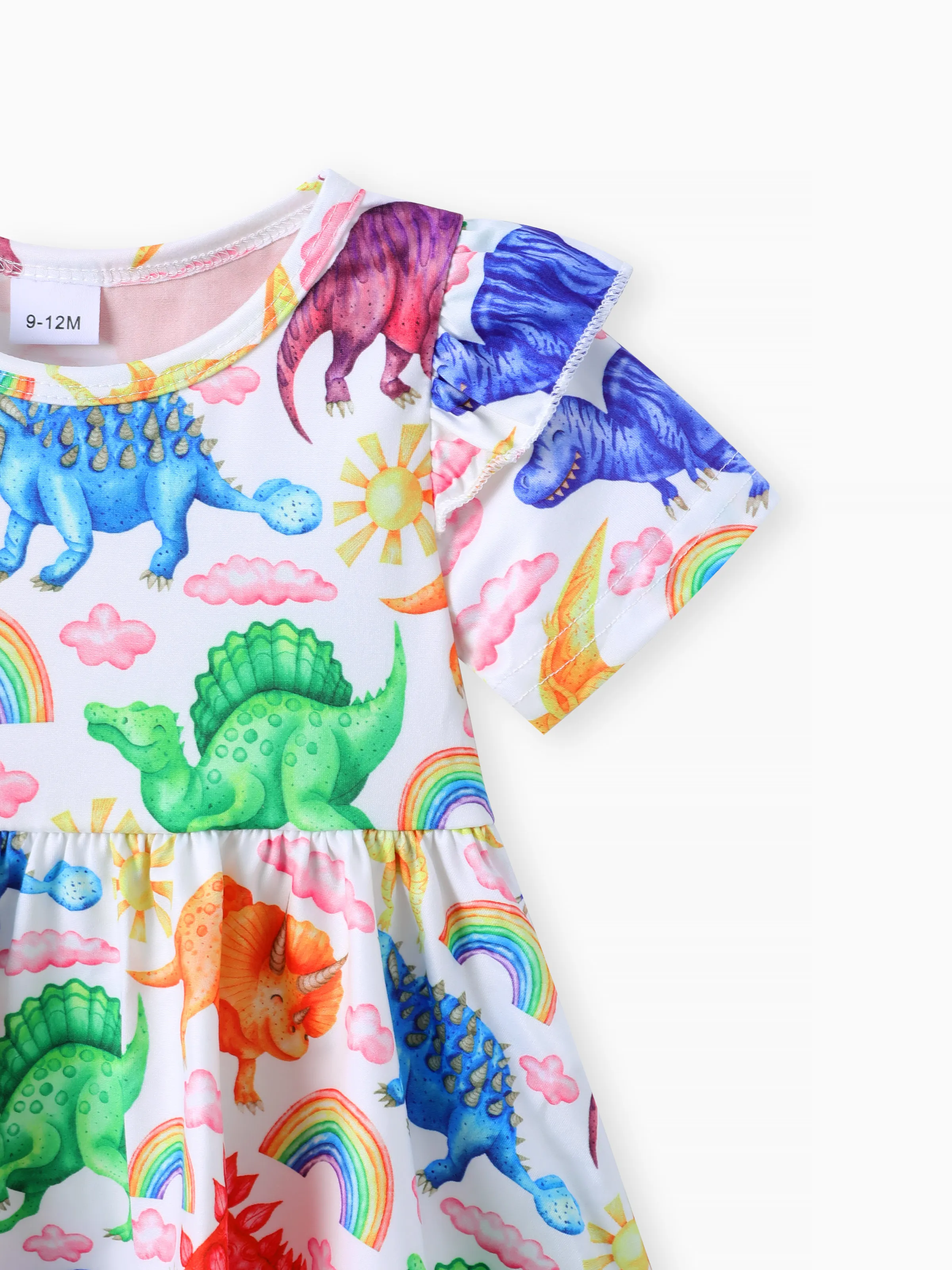 2pcs Baby Girl 95% Cotton Ripped Denim Jeans and Allover Dinosaur Print Ruffle Short-sleeve Top Set Multi-color - Image 4