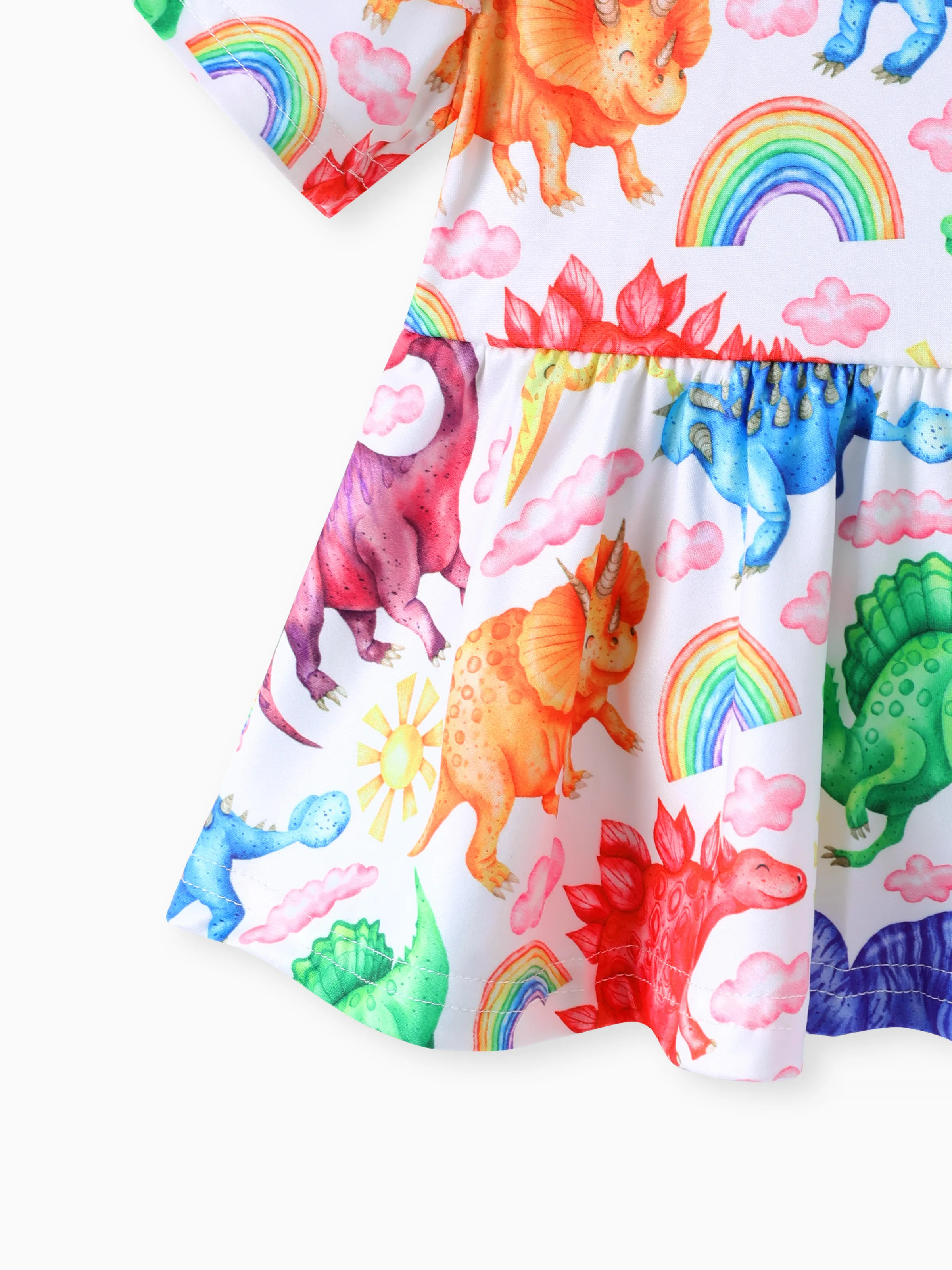 2pcs Baby Girl 95% Cotton Ripped Denim Jeans and Allover Dinosaur Print Ruffle Short-sleeve Top Set Multi-color - Image 5