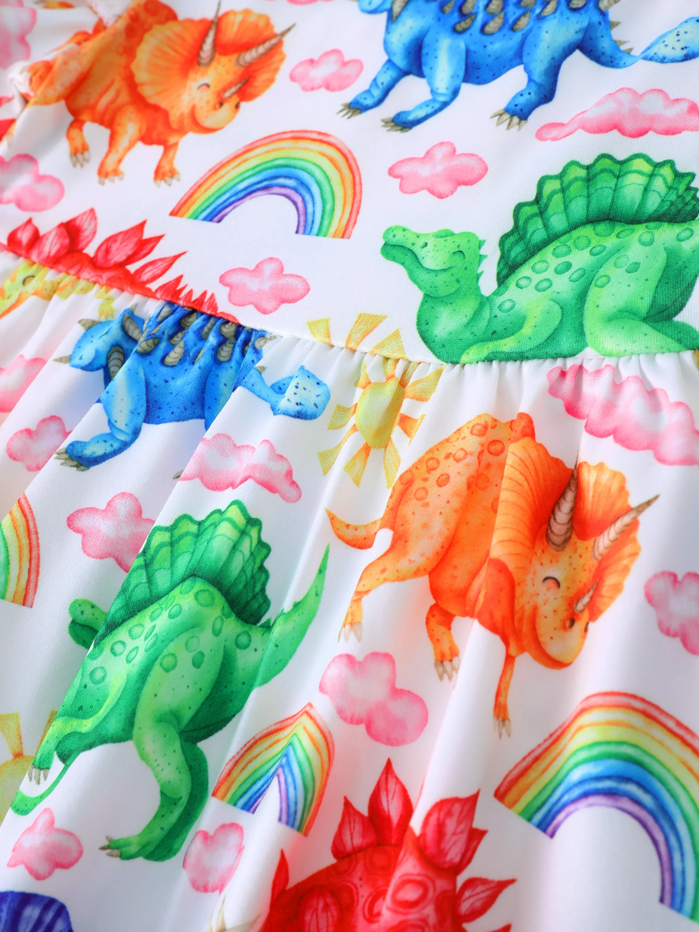 2pcs Baby Girl 95% Cotton Ripped Denim Jeans and Allover Dinosaur Print Ruffle Short-sleeve Top Set Multi-color - Image 7