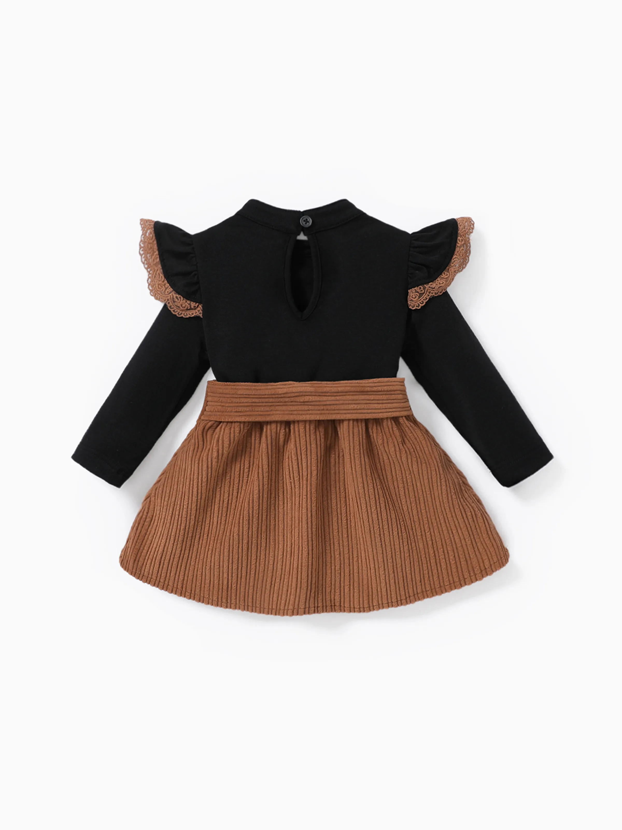 2PCS Baby Girl Solid Color Long Sleeve Lace Top/Belt Dress Set Brown - Image 2