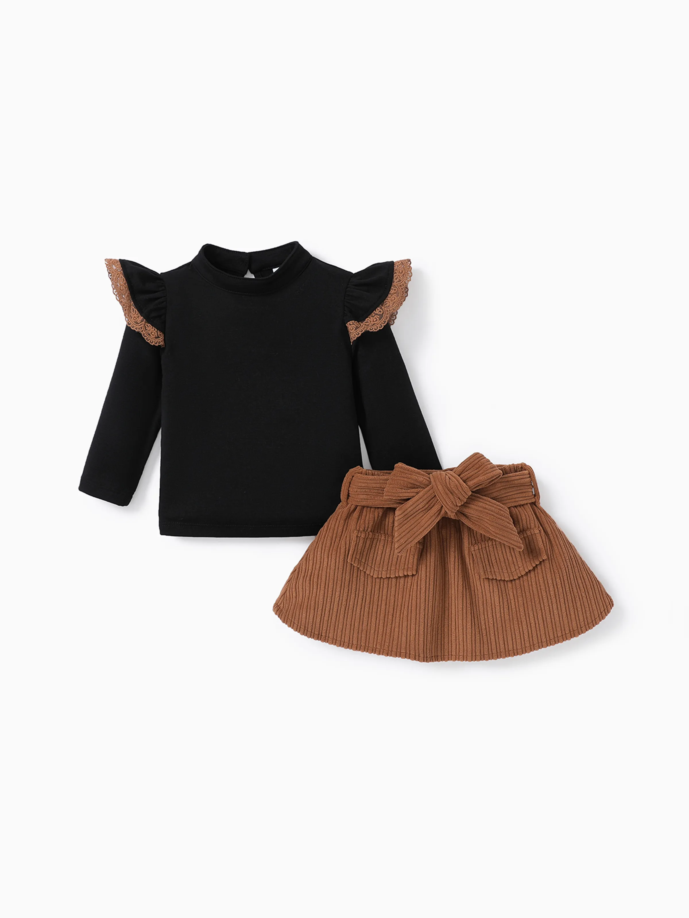 2PCS Baby Girl Solid Color Long Sleeve Lace Top/Belt Dress Set Brown - Image 3