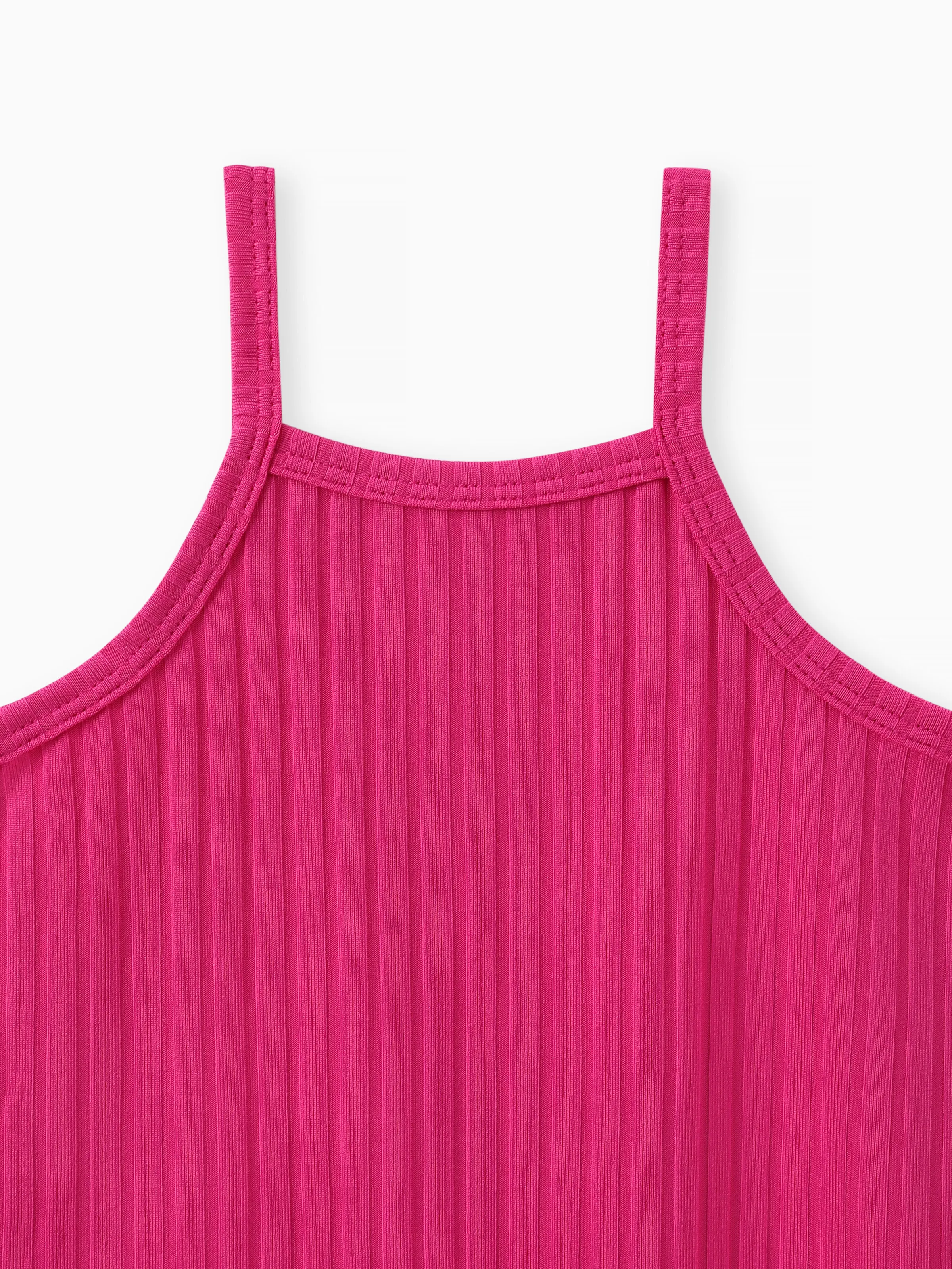 2pcs Baby Girl Solid Rib-knit Romper and Button Up Front Vest Denim Jacket Set Hot Pink - Image 3