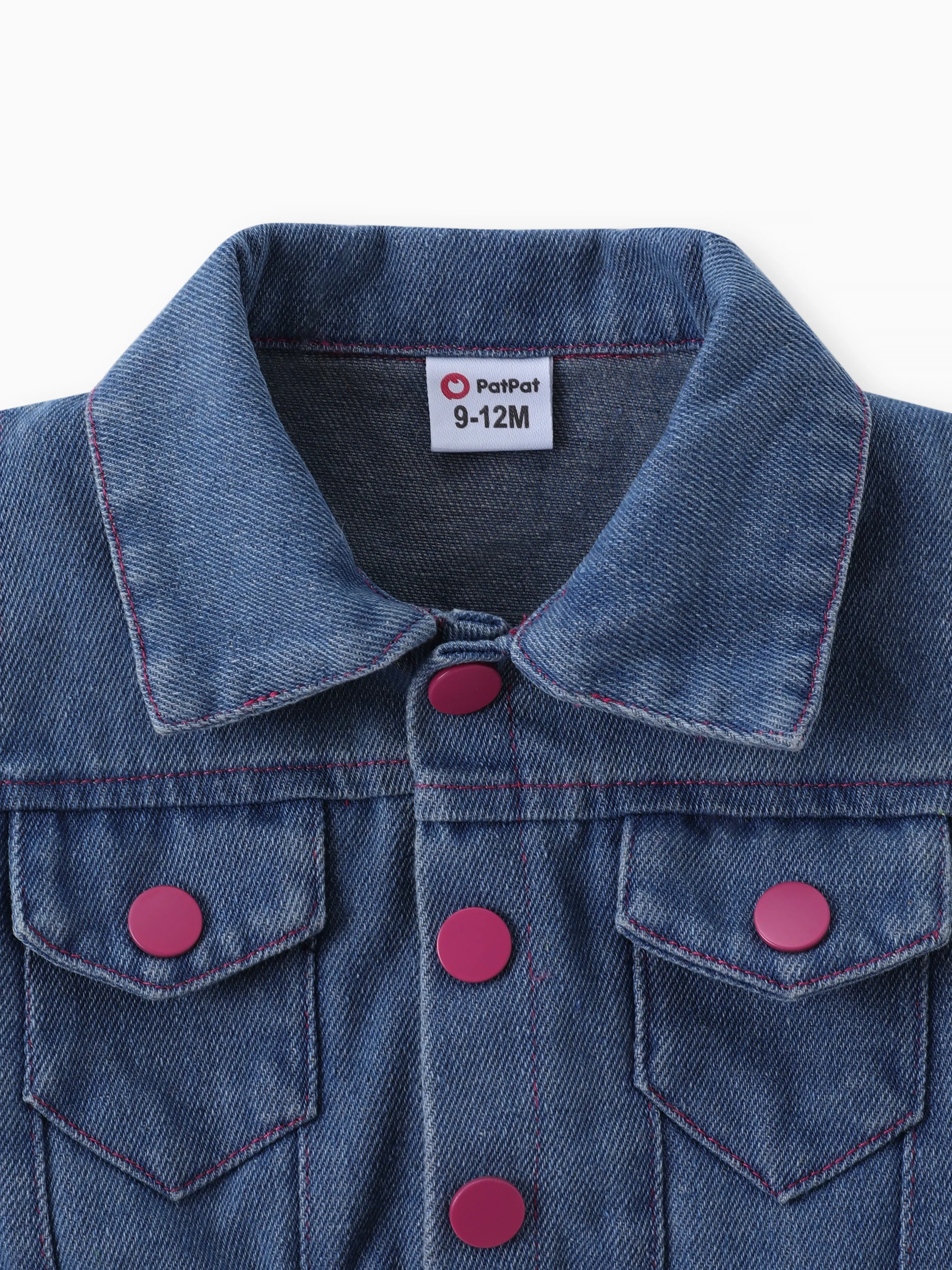2pcs Baby Girl Solid Rib-knit Romper and Button Up Front Vest Denim Jacket Set Hot Pink - Image 5