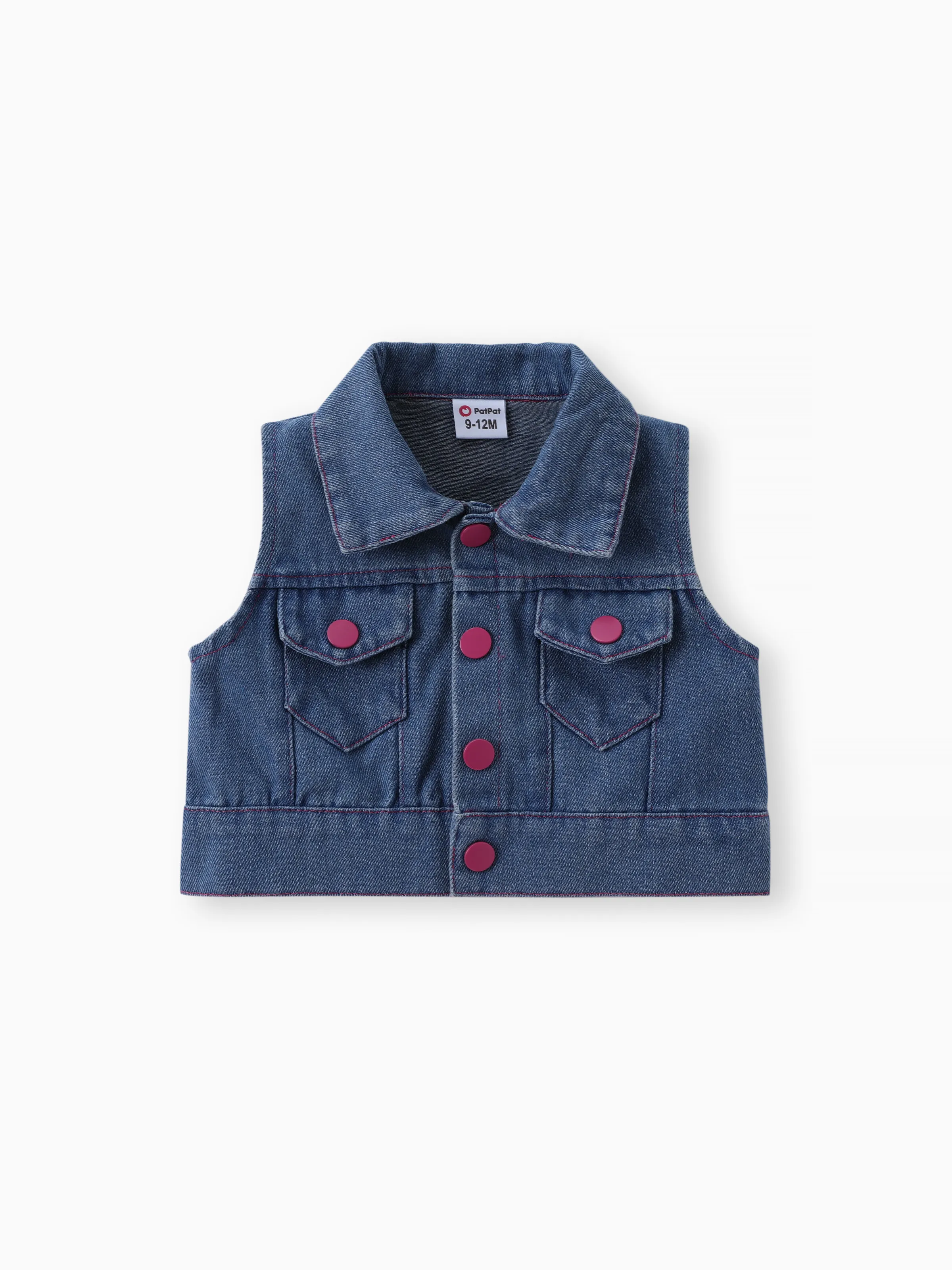 2pcs Baby Girl Solid Rib-knit Romper and Button Up Front Vest Denim Jacket Set Hot Pink - Image 6