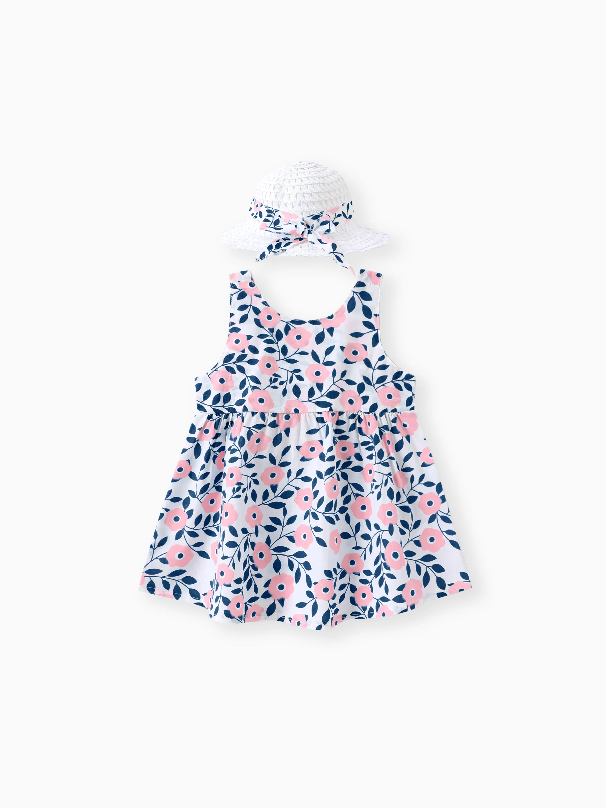 2pcs Floral Print Bowknot Sleeveless Baby Dress & Hat Set Pink - Image 3