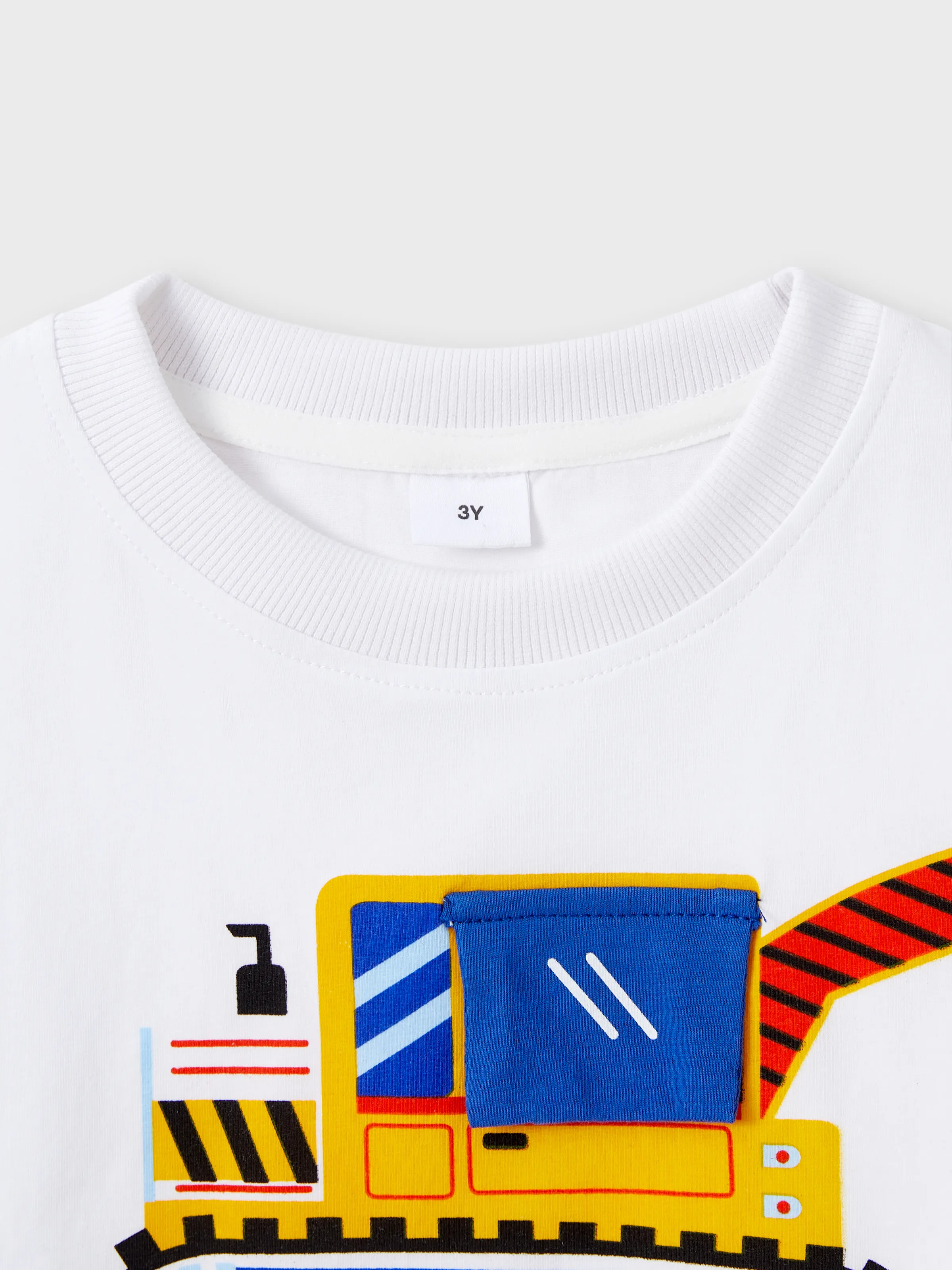 2pcs Toddler Boy Playful Denim Pocket Design Shorts and Vehicle Print Tee set White - Image 2