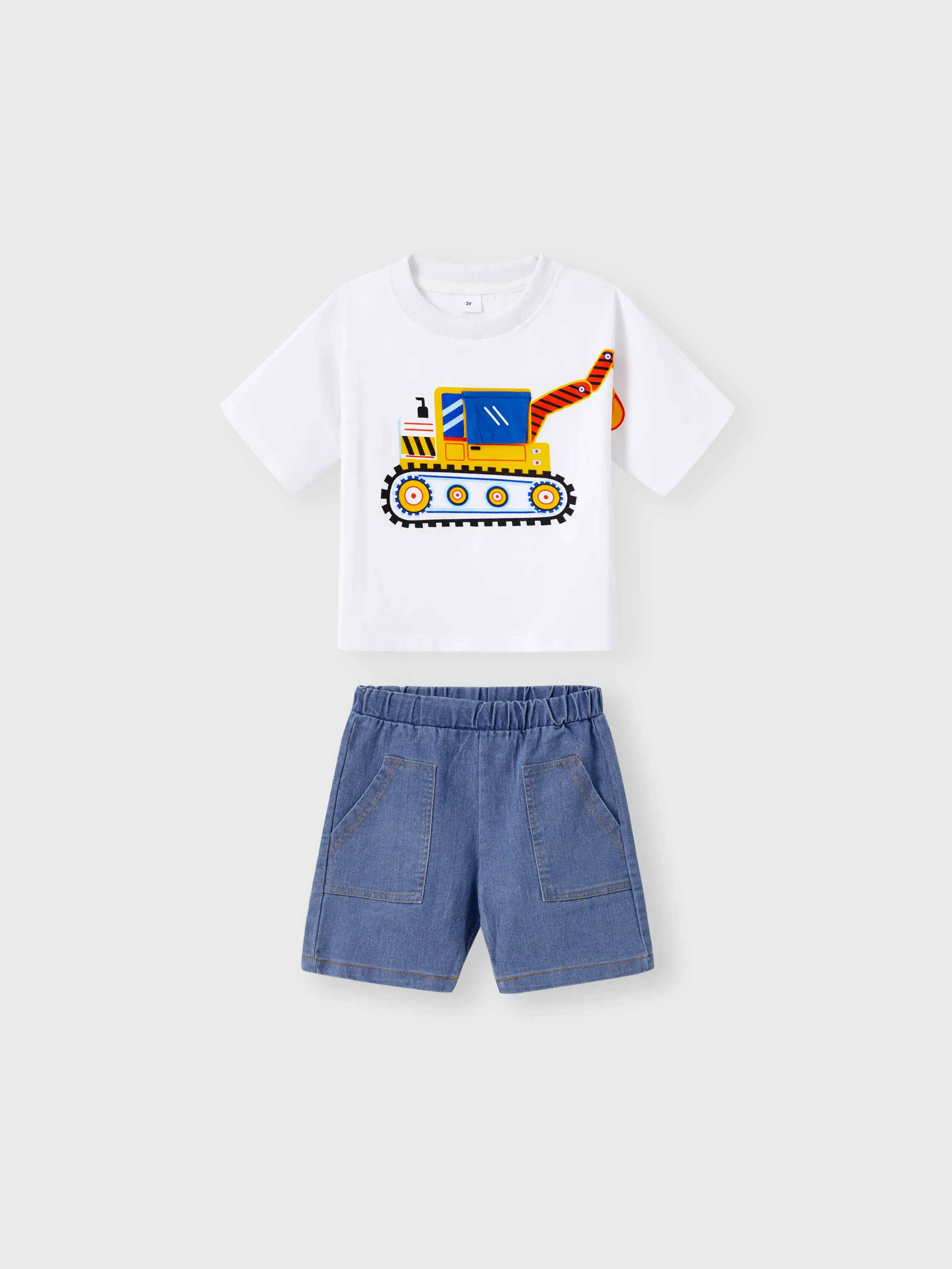 2pcs Toddler Boy Playful Denim Pocket Design Shorts and Vehicle Print Tee set White - Image 3