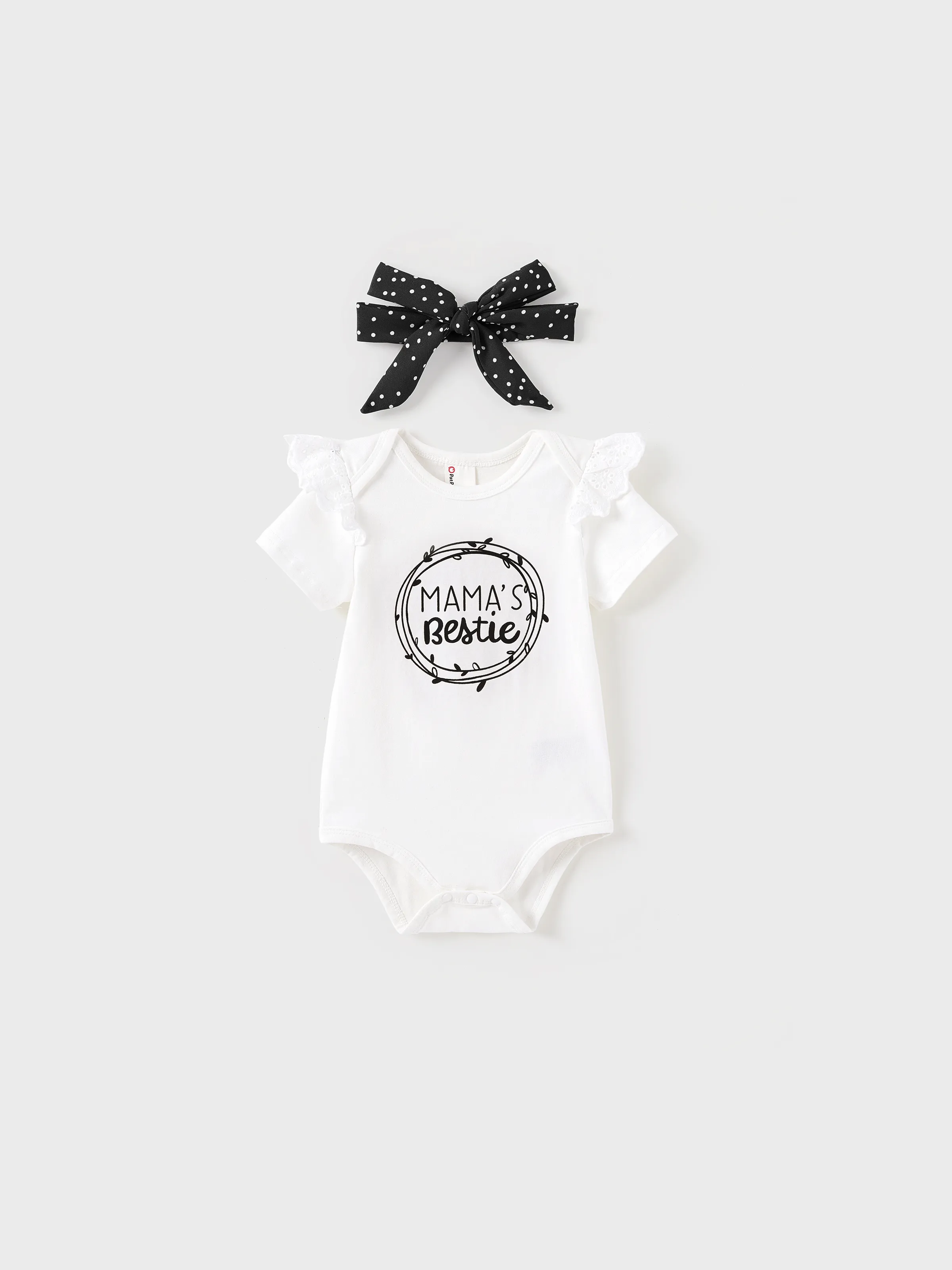3-Piece Baby Girl Letter Print Romper and Polka dots Shorts and Headband Set Black - Image 3