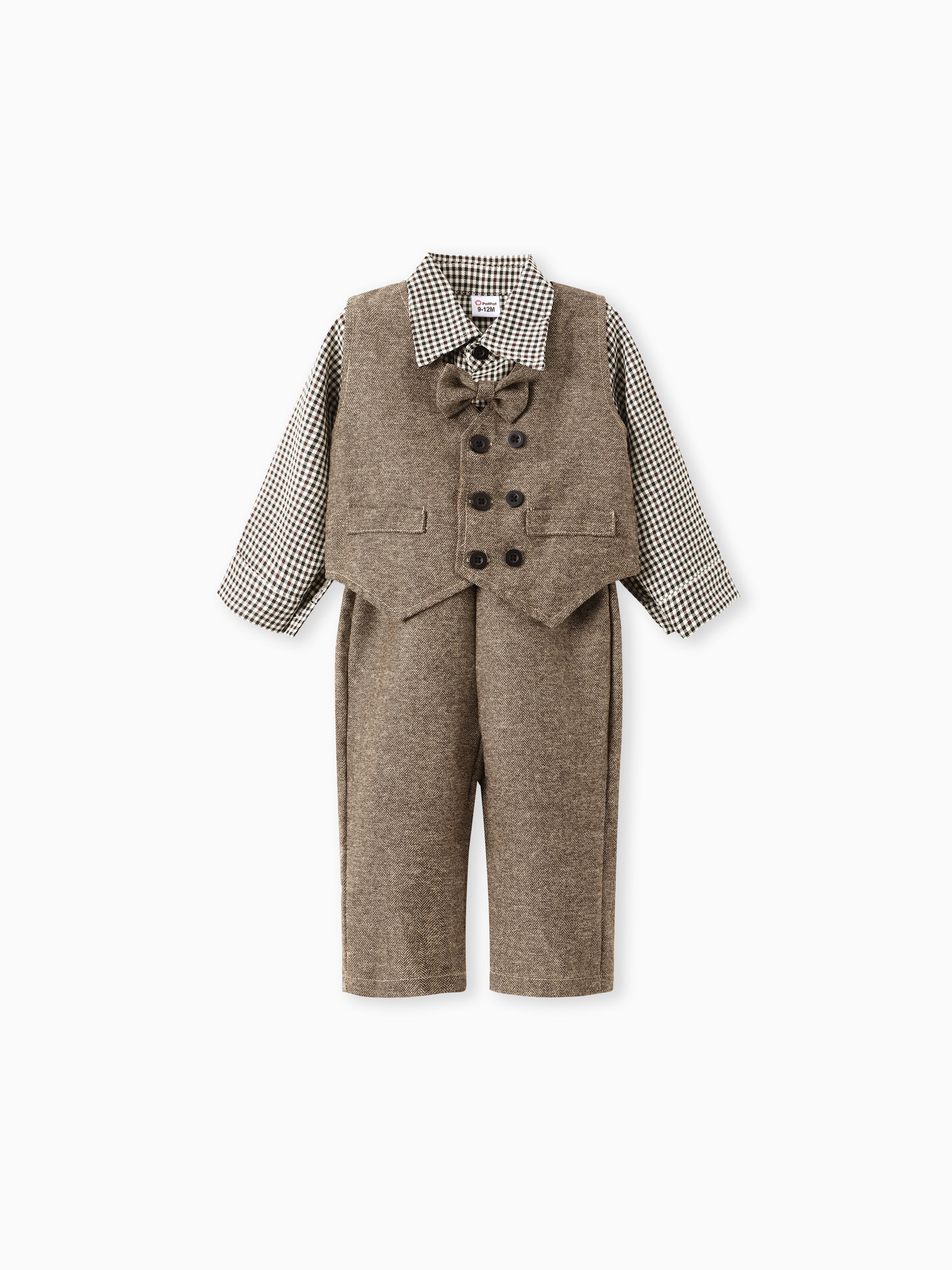 3PCS Baby Boy Elegant Grid/Houndstooth Shirt Collar Long Sleeve Set Brown - Image 2