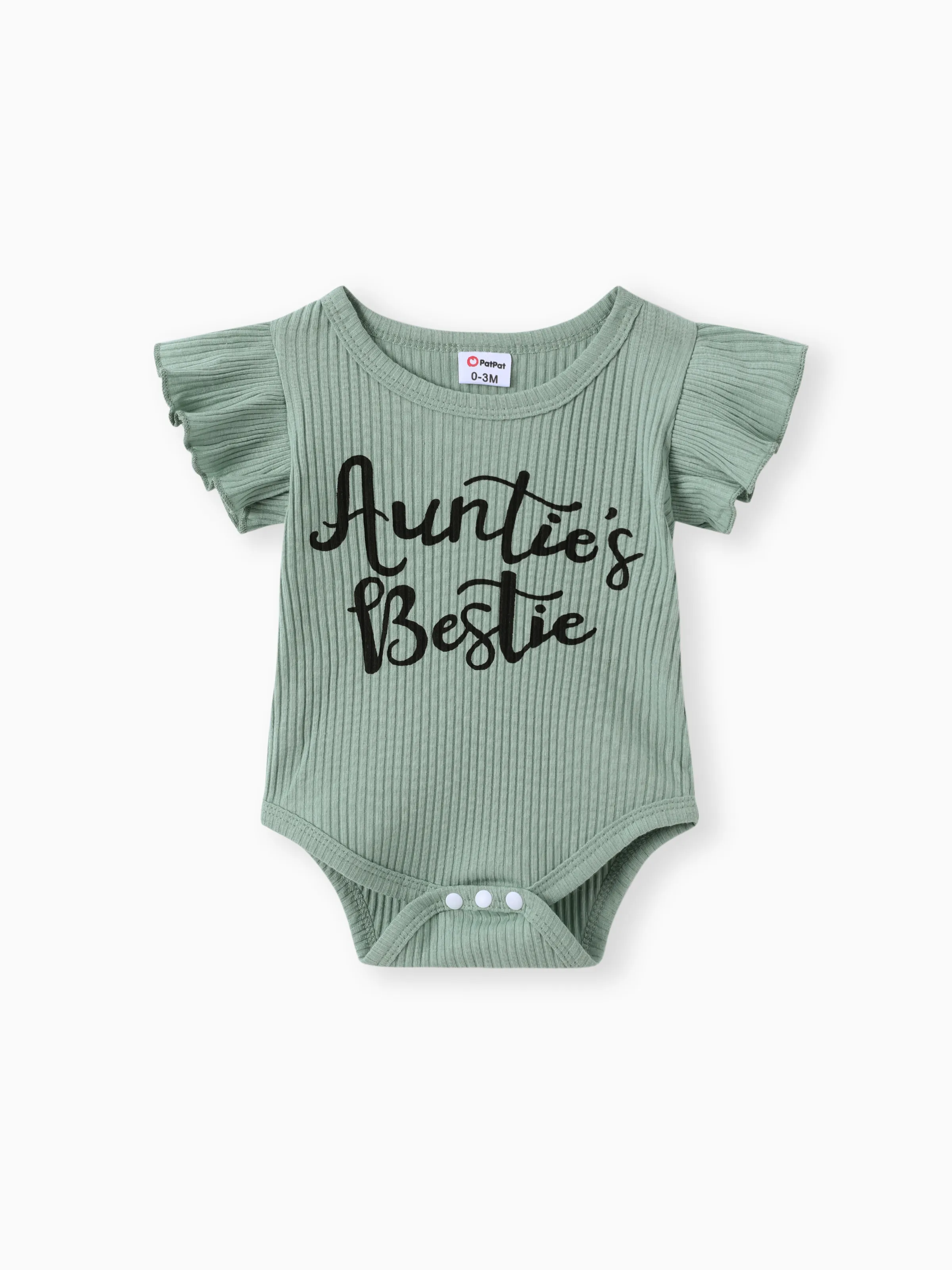 3pcs Baby Girl 100% Cotton Belted Ripped Denim Skirt and Letter Print Ribbed Flutter-sleeve Romper & Headband Set Light bean green - Image 2