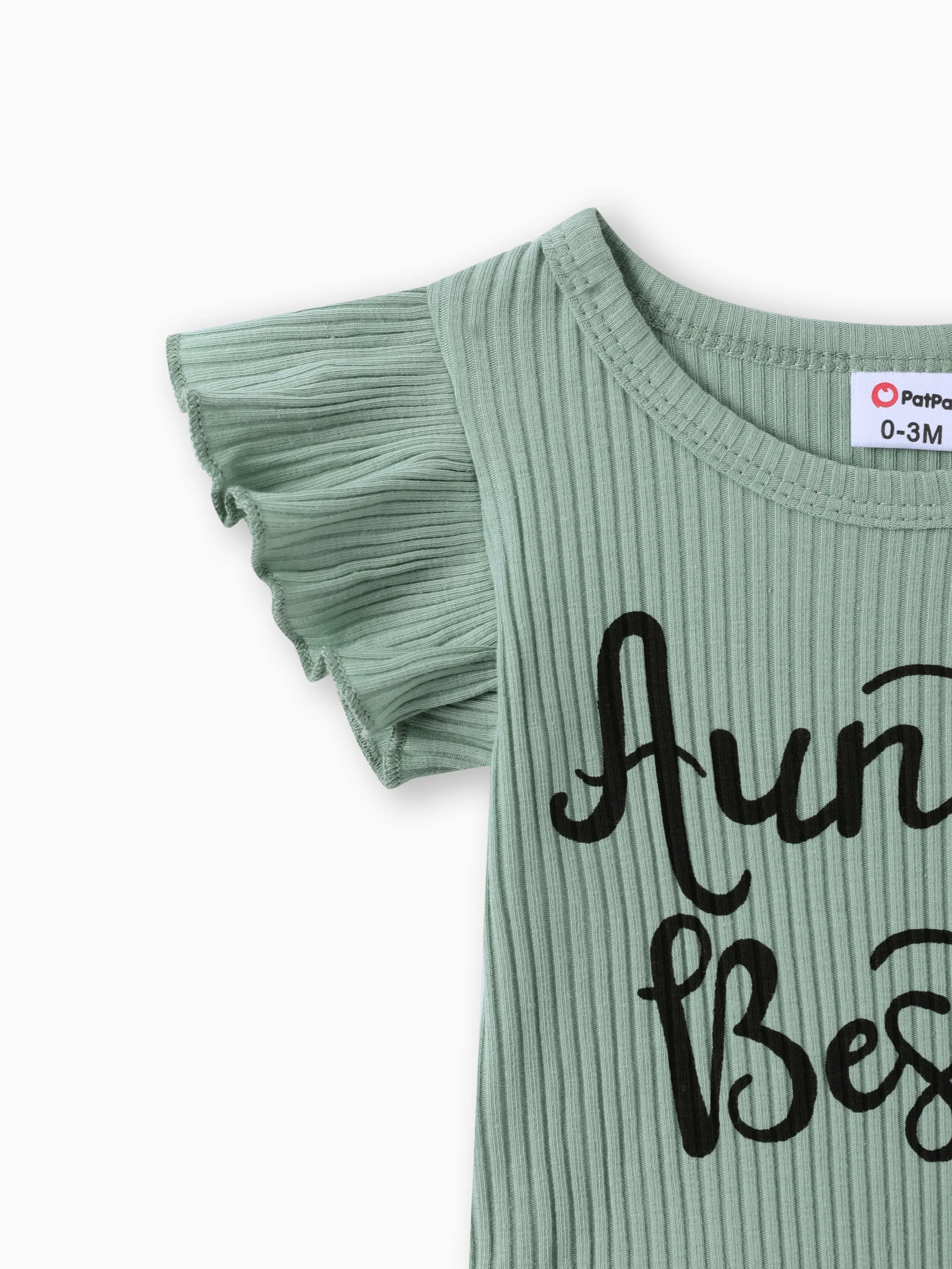 3pcs Baby Girl 100% Cotton Belted Ripped Denim Skirt and Letter Print Ribbed Flutter-sleeve Romper & Headband Set Light bean green - Image 4