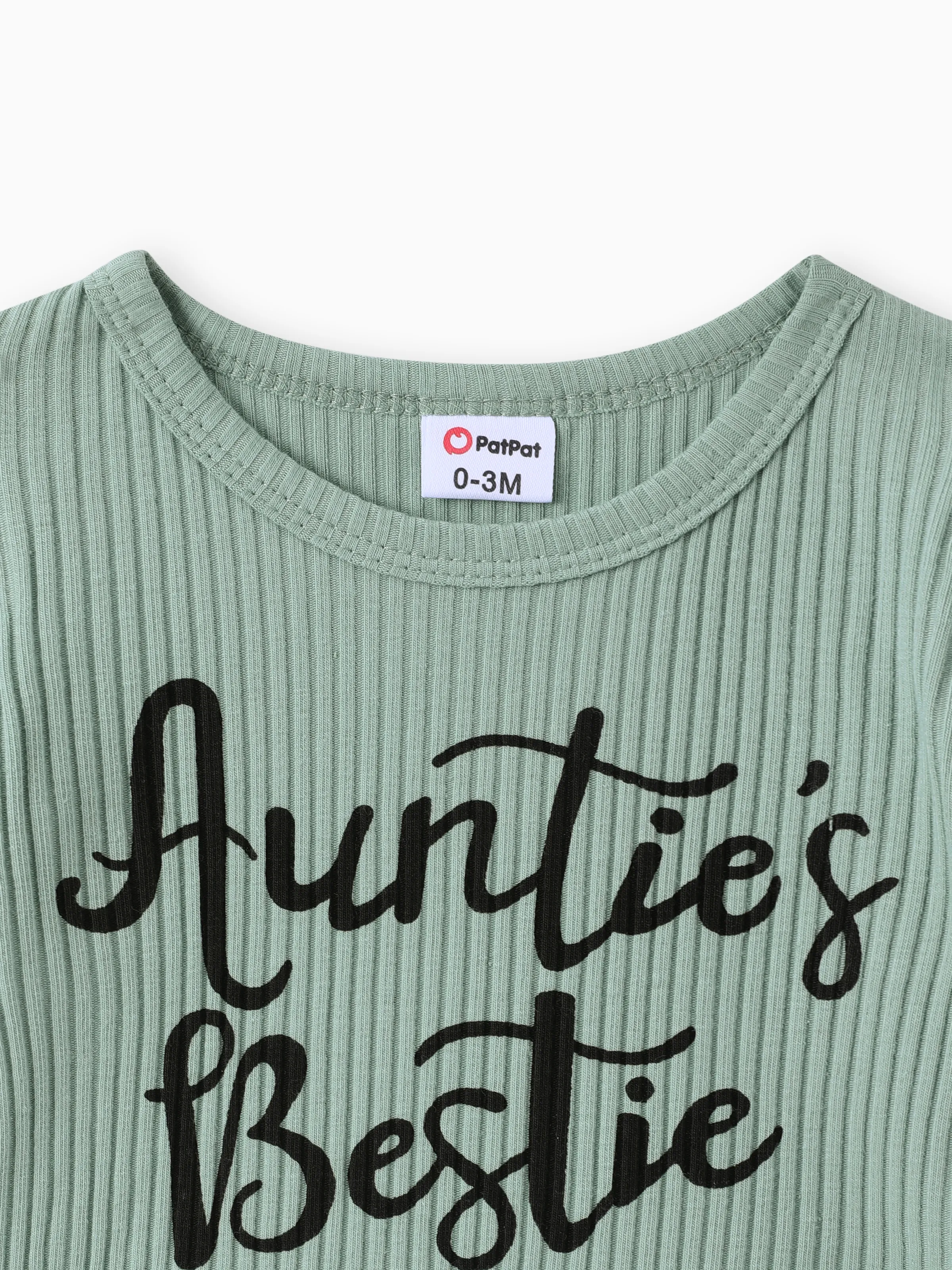 3pcs Baby Girl 100% Cotton Belted Ripped Denim Skirt and Letter Print Ribbed Flutter-sleeve Romper & Headband Set Light bean green - Image 5