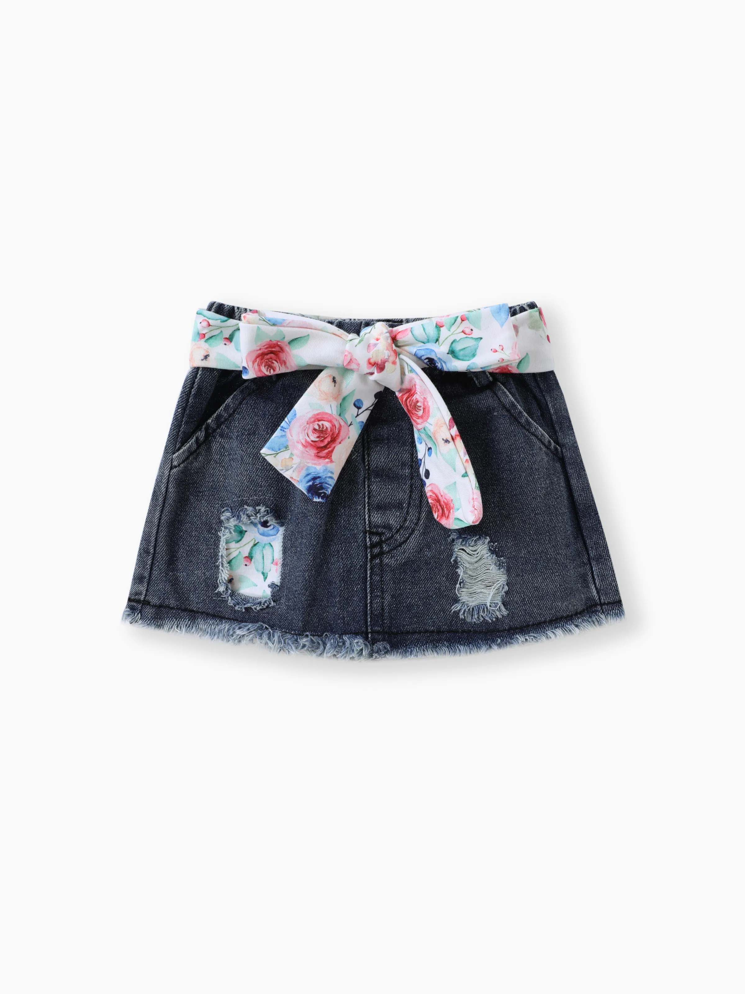 3pcs Baby Girl 100% Cotton Belted Ripped Denim Skirt and Letter Print Ribbed Flutter-sleeve Romper & Headband Set Light bean green - Image 7