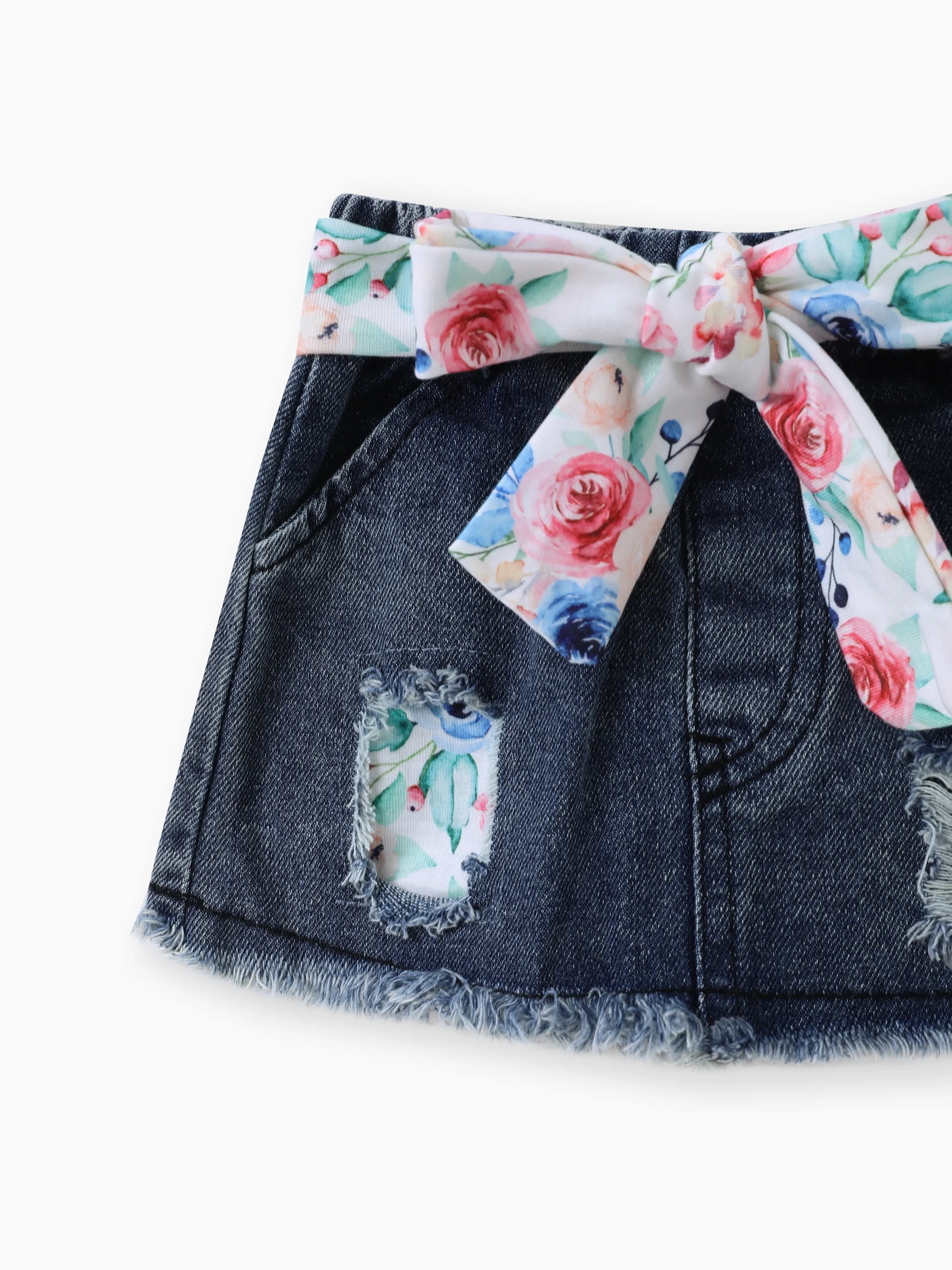 3pcs Baby Girl 100% Cotton Belted Ripped Denim Skirt and Letter Print Ribbed Flutter-sleeve Romper & Headband Set Light bean green - Image 9