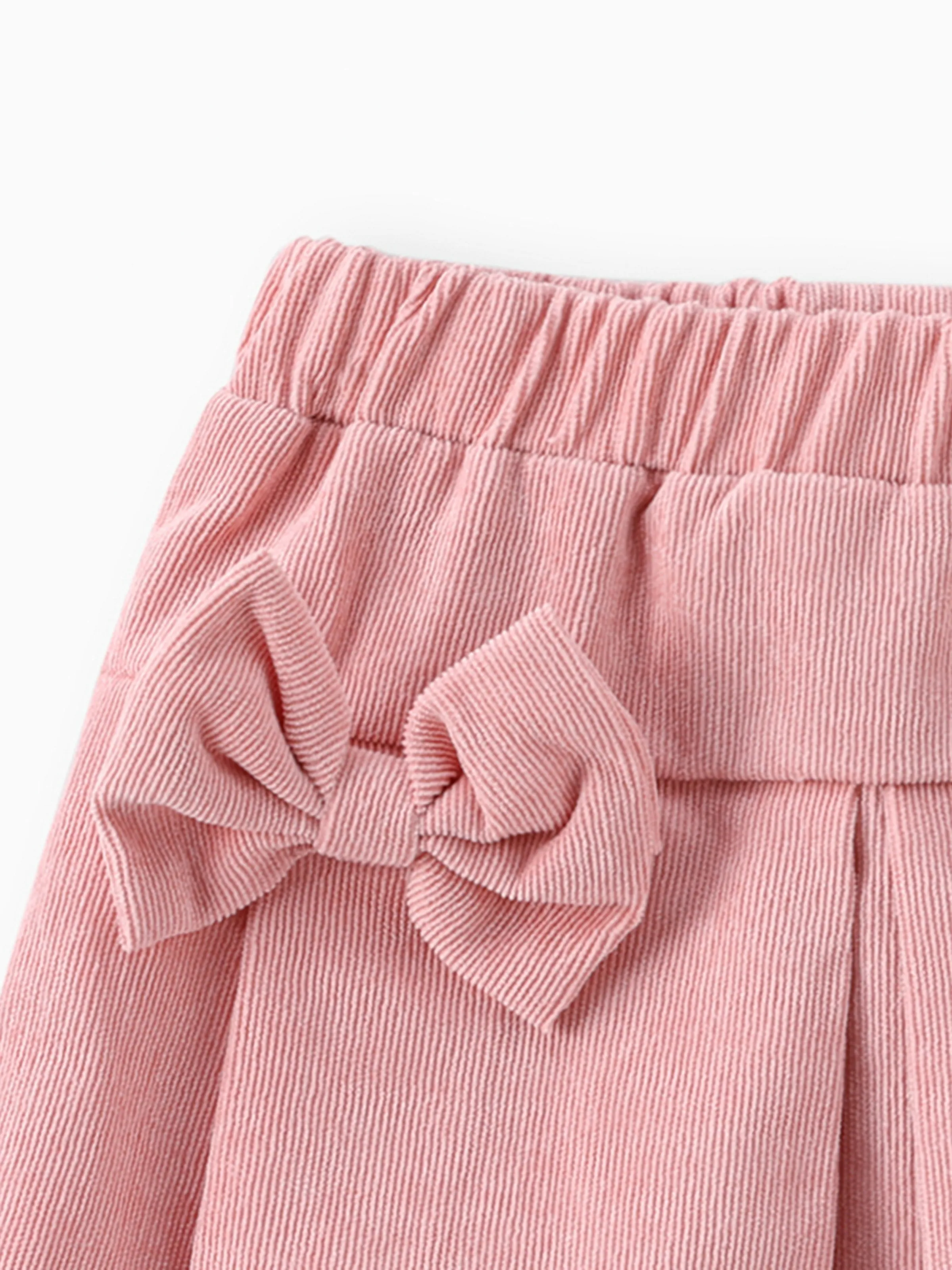 3pcs Baby Girl 95% Cotton Ribbed Ruffle Long-sleeve Top and Bow Front Skirt & Headband Set Pink - Image 7