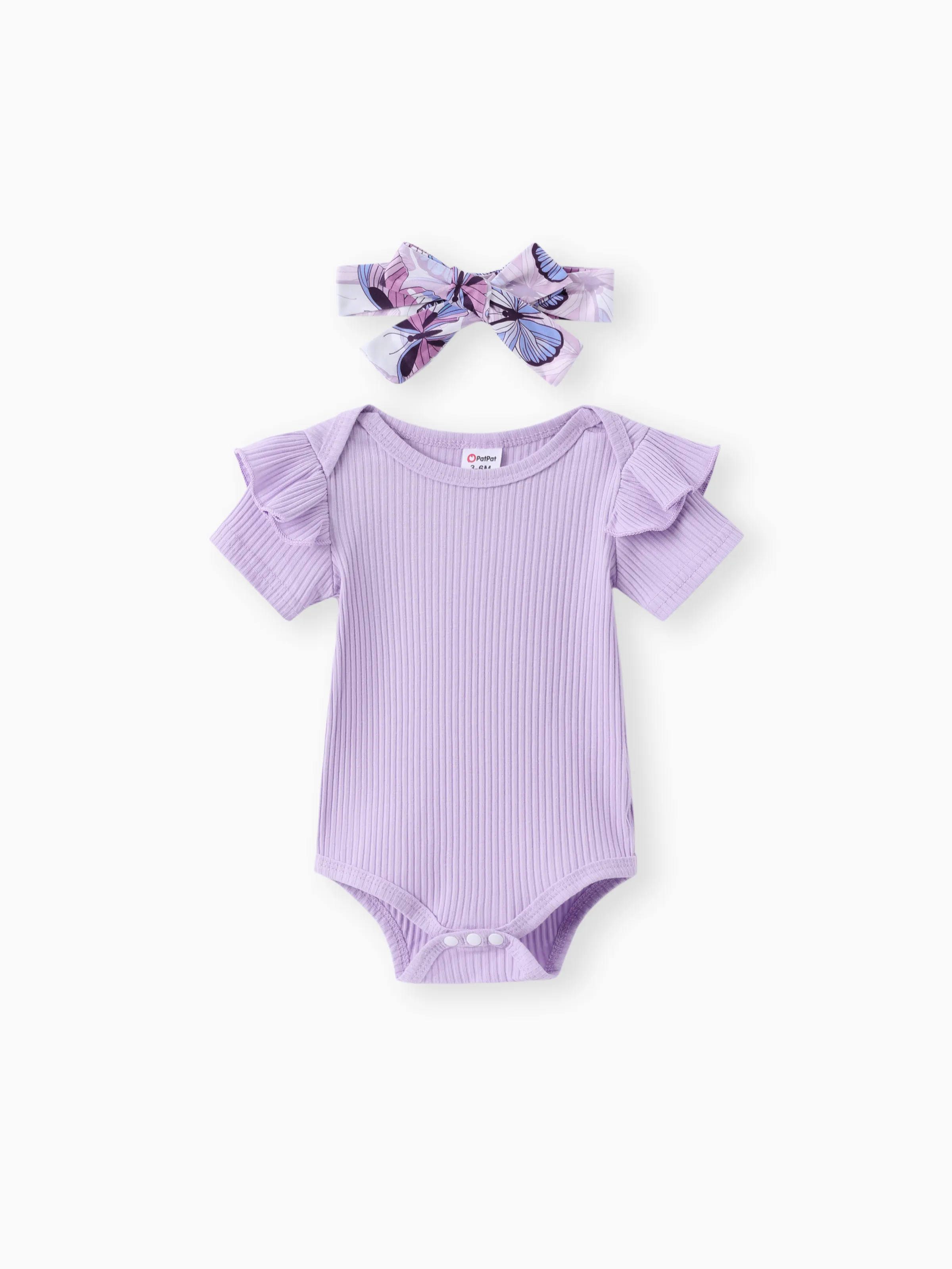 3pcs Baby Girl Ribbed Romper & Belted Shorts & Headband Set Purple - Image 3