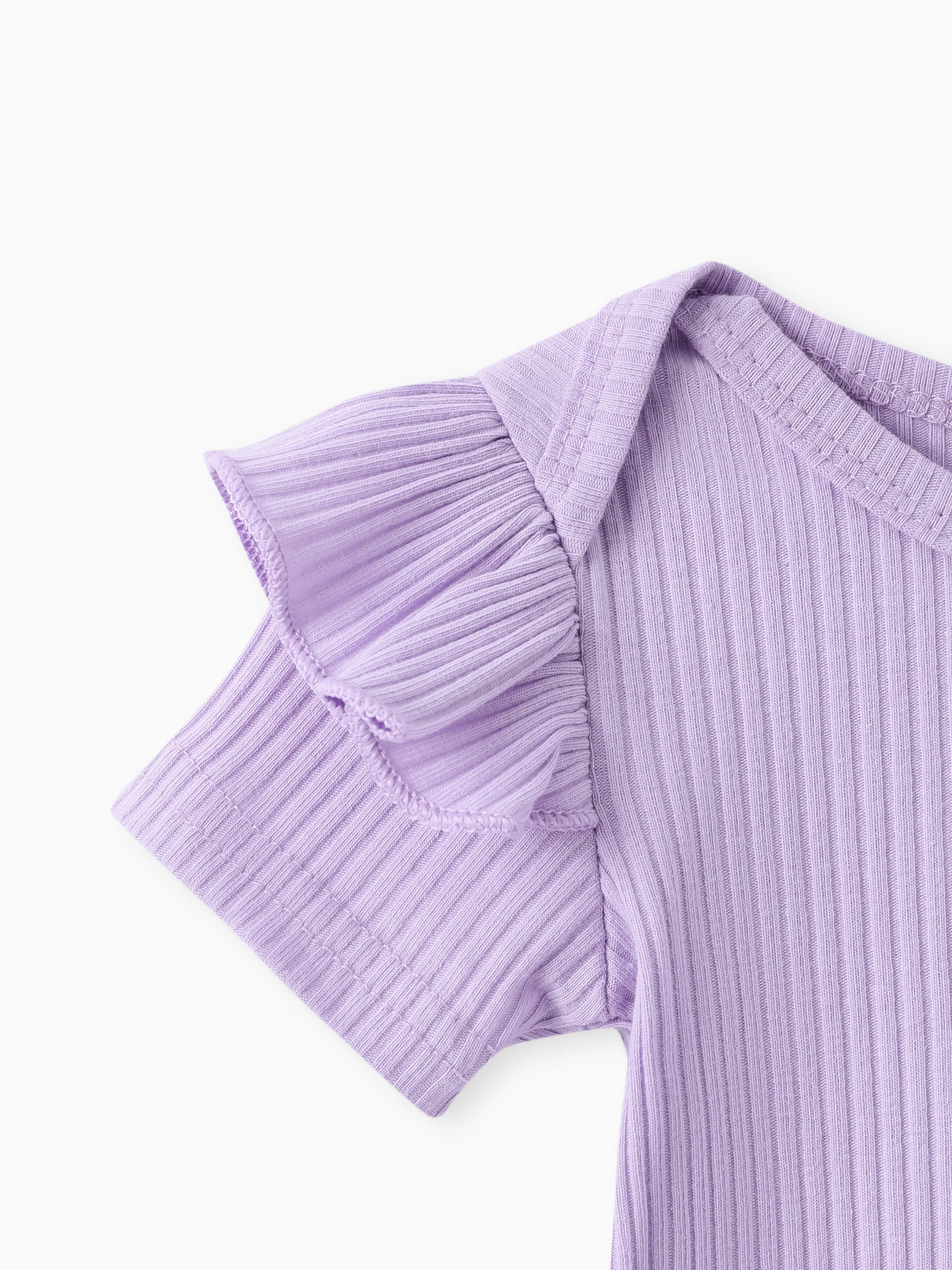 3pcs Baby Girl Ribbed Romper & Belted Shorts & Headband Set Purple - Image 6