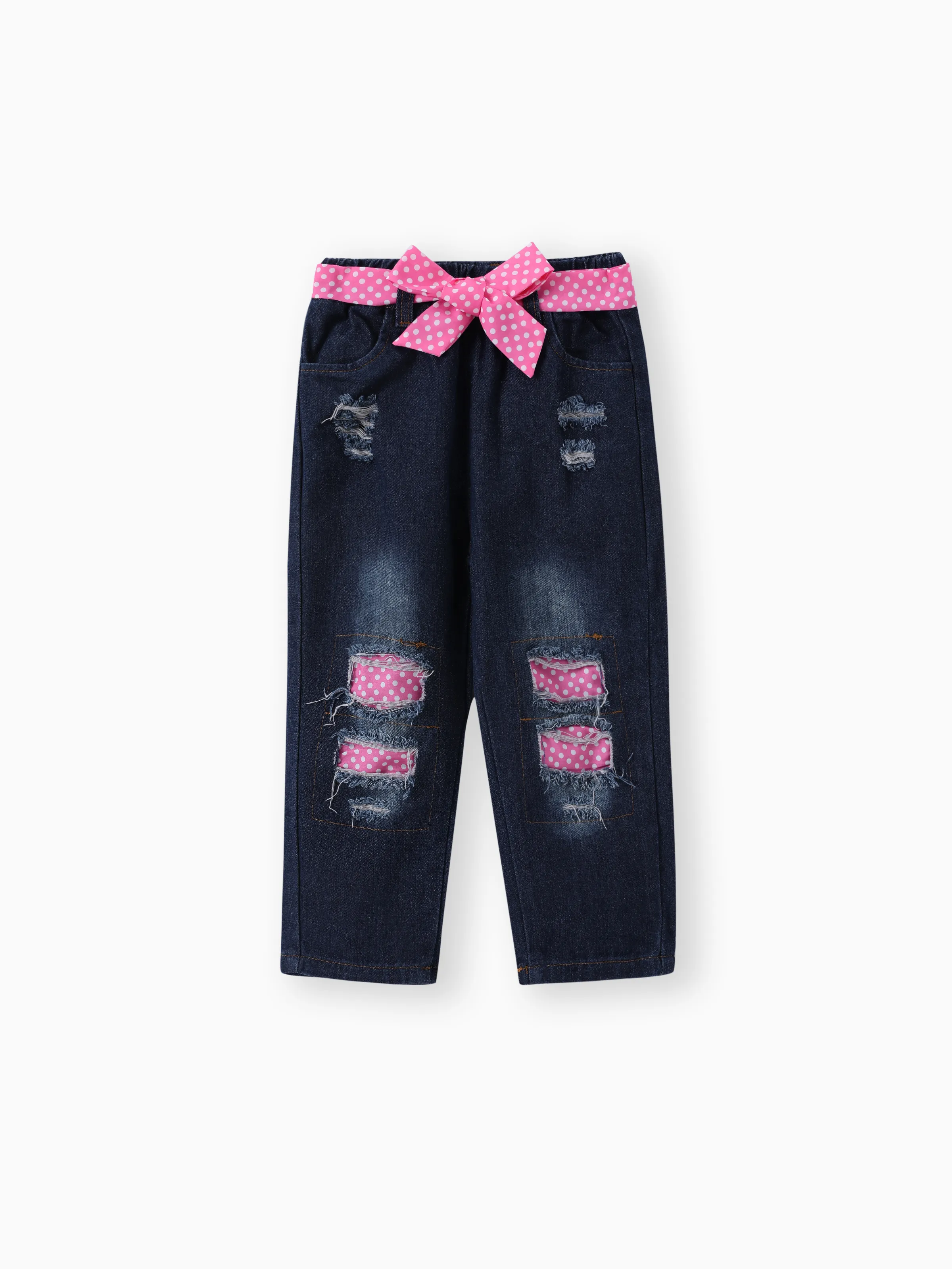 3PCS Toddler Girl Childlike Cat Pattern Distressed Patchwork Denim Jean set Pink - Image 6