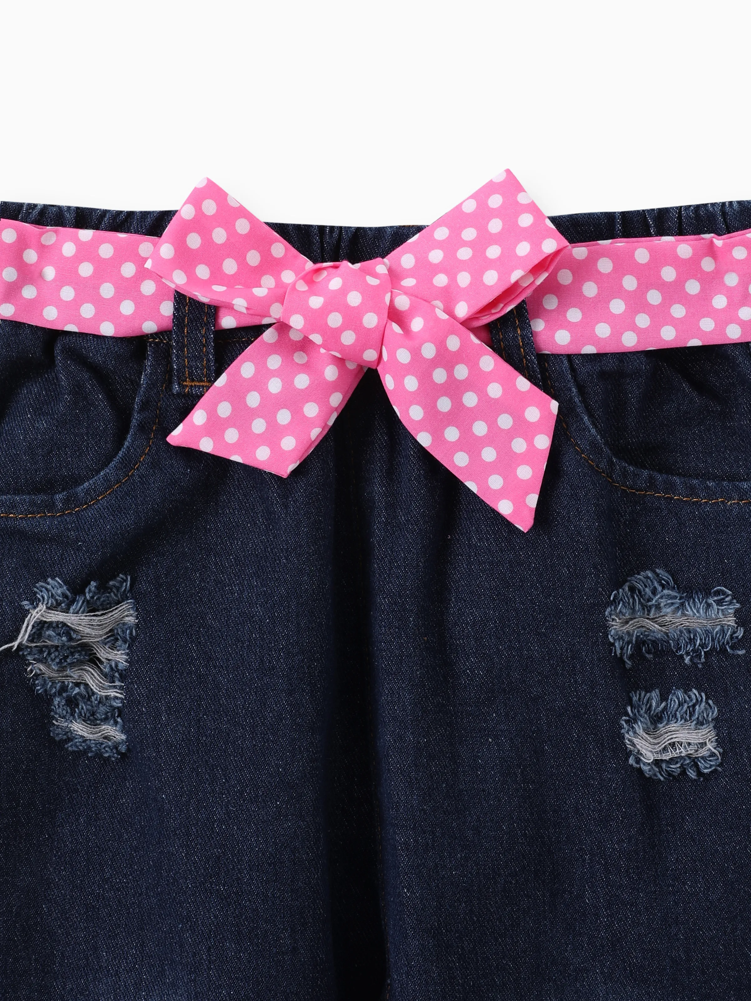 3PCS Toddler Girl Childlike Cat Pattern Distressed Patchwork Denim Jean set Pink - Image 7