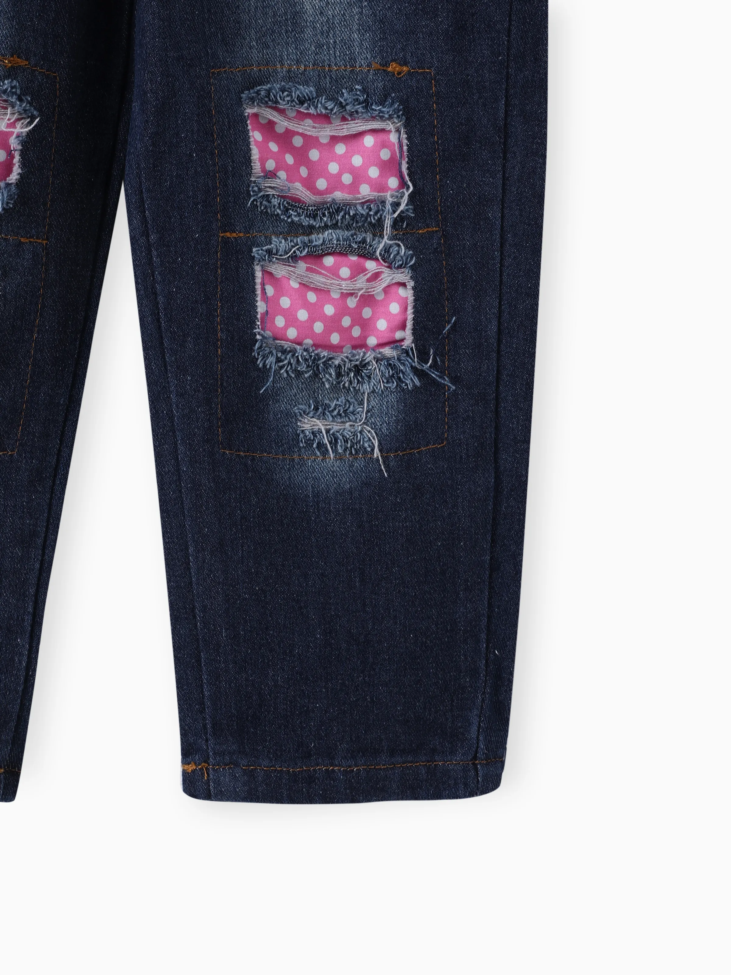 3PCS Toddler Girl Childlike Cat Pattern Distressed Patchwork Denim Jean set Pink - Image 8