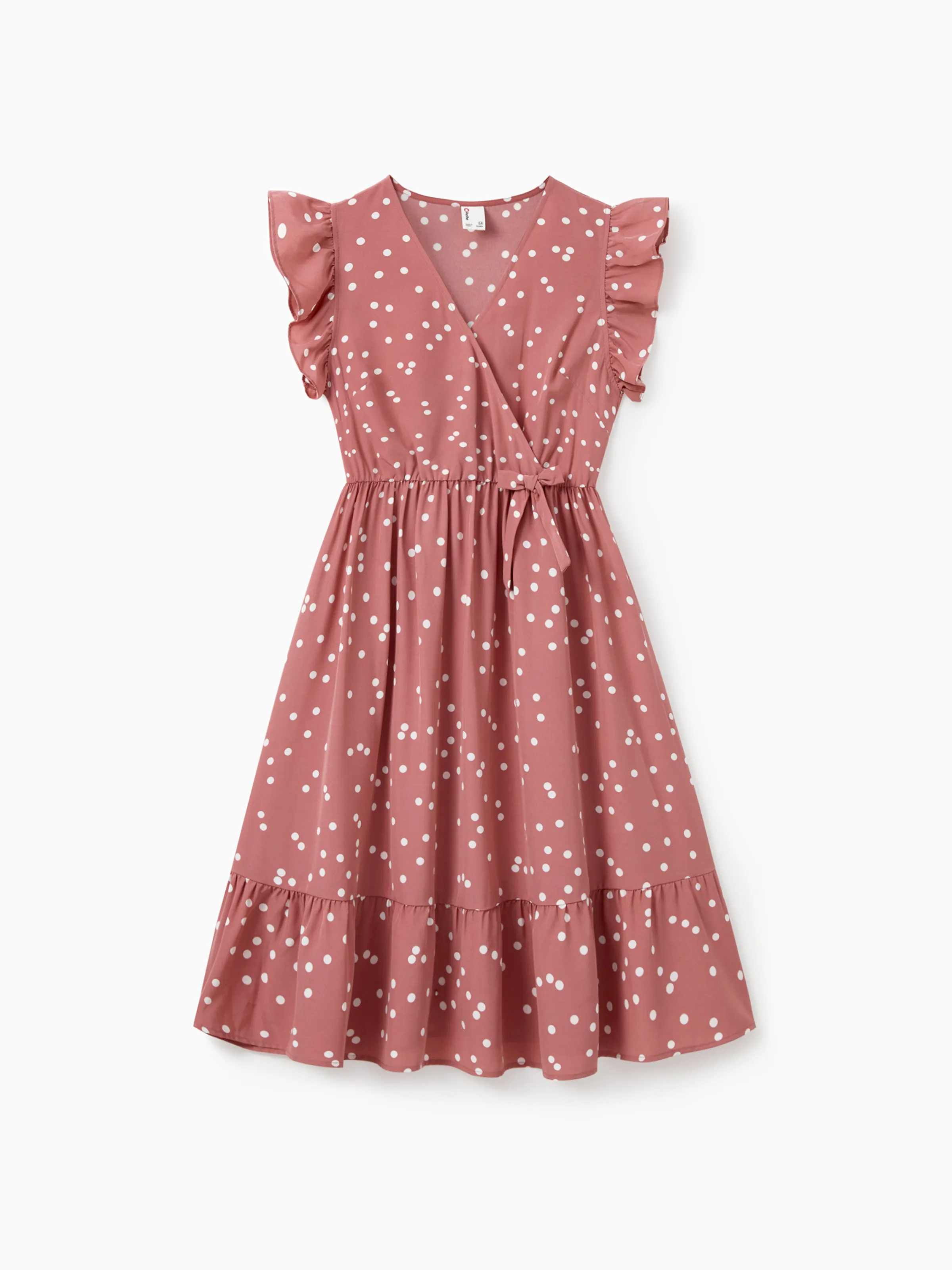 All Over Dots Pink Cross Wrap V Neck Ruffle Flutter-sleeve Dress for Mom and Me PinkyWhite - Image 3