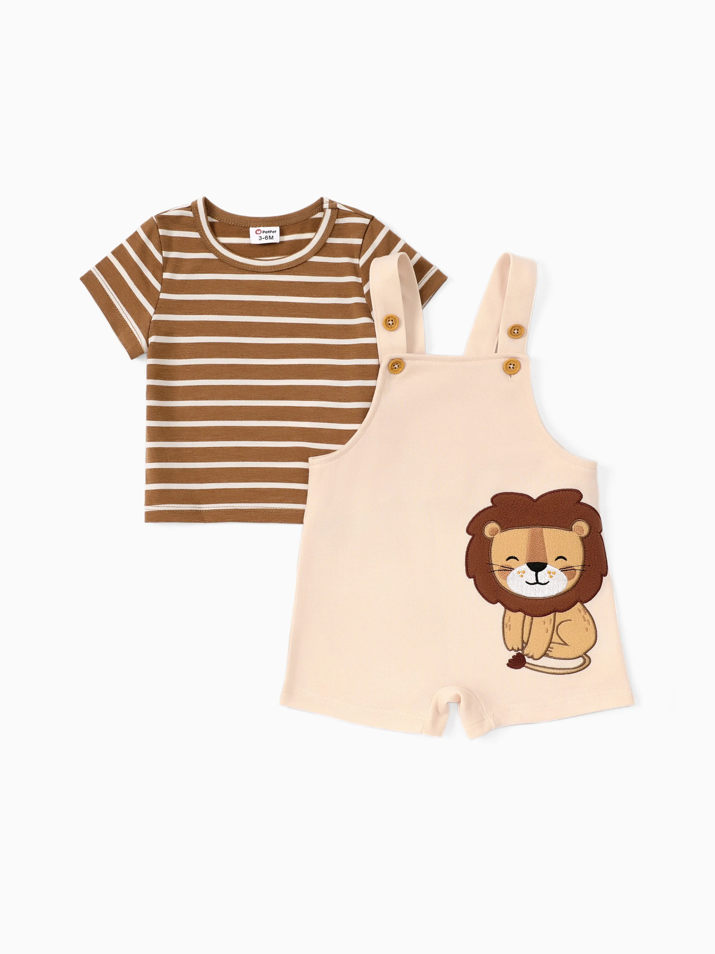 Baby Boy 2pcs Stripe Pattern Tee and Lion Print Overalls Shorts Set Khaki - Image 3