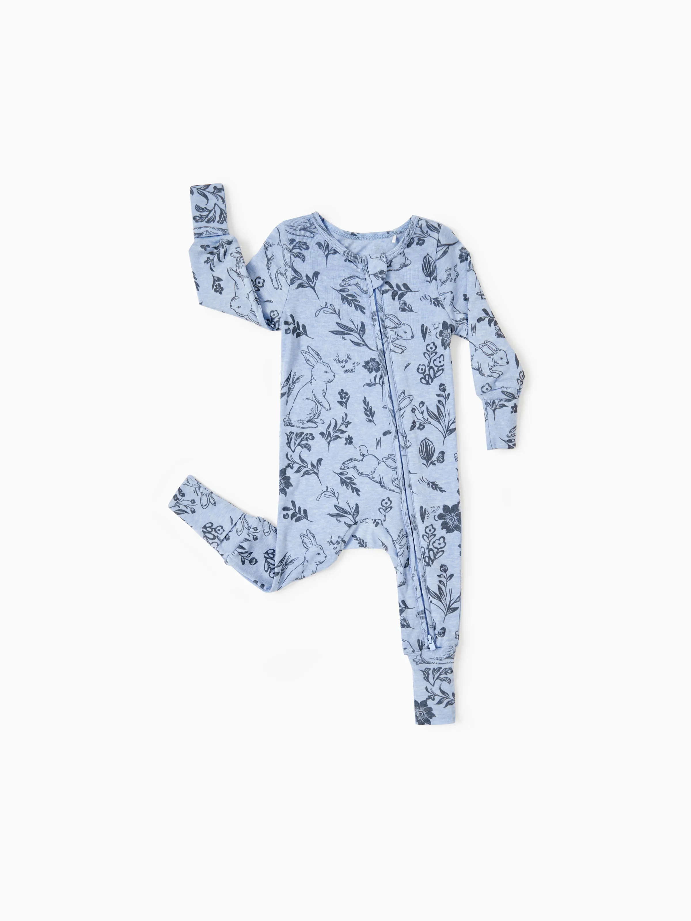 Baby Boy/Girl Plant Print Zip-up Snug-Fitting Wool Pajamas Light Blue - Image 3