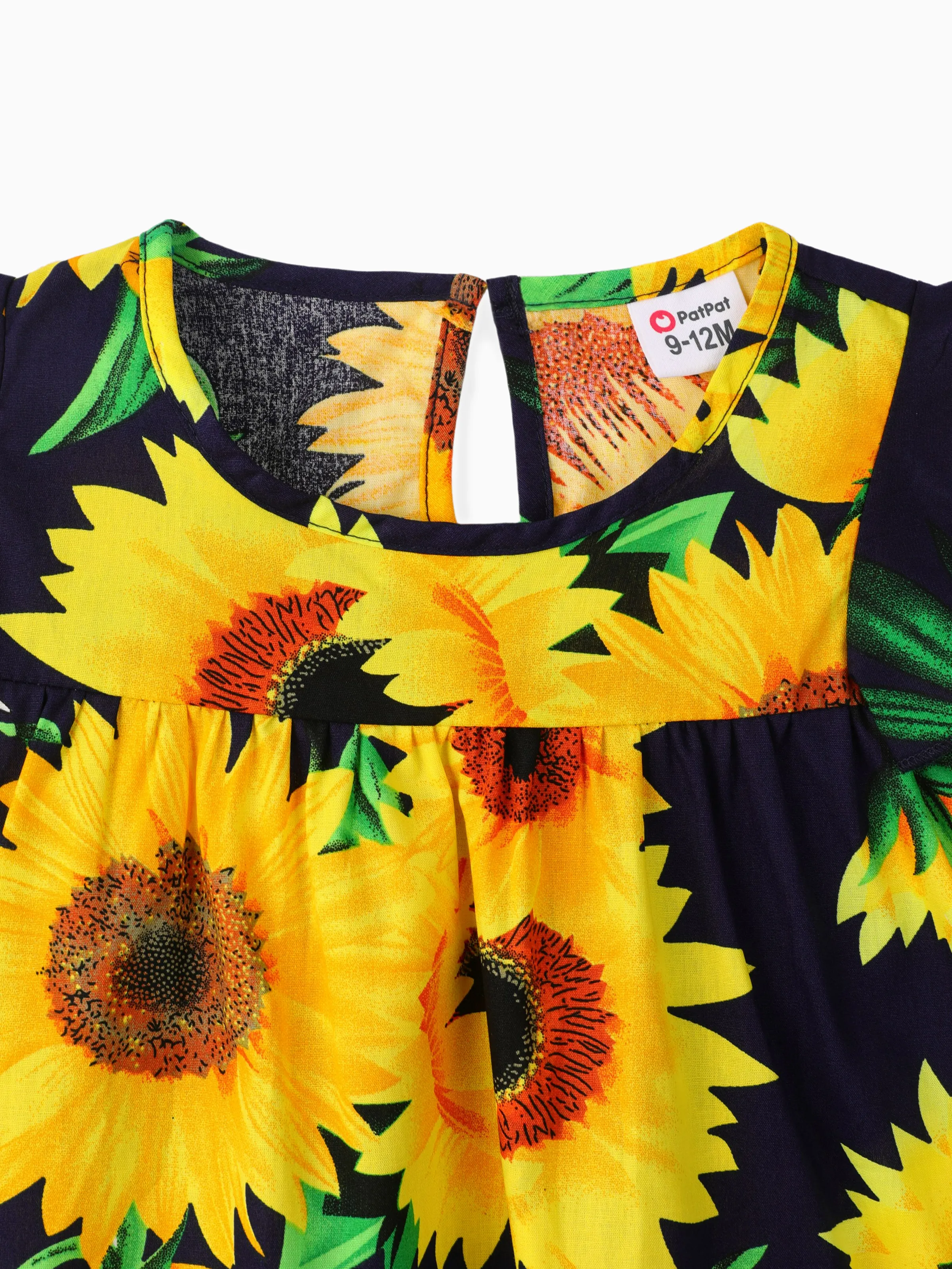 Baby Girl 100% Cotton Cotton Sunflower Print Flutter-sleeve Dress Dark Blue - Image 3