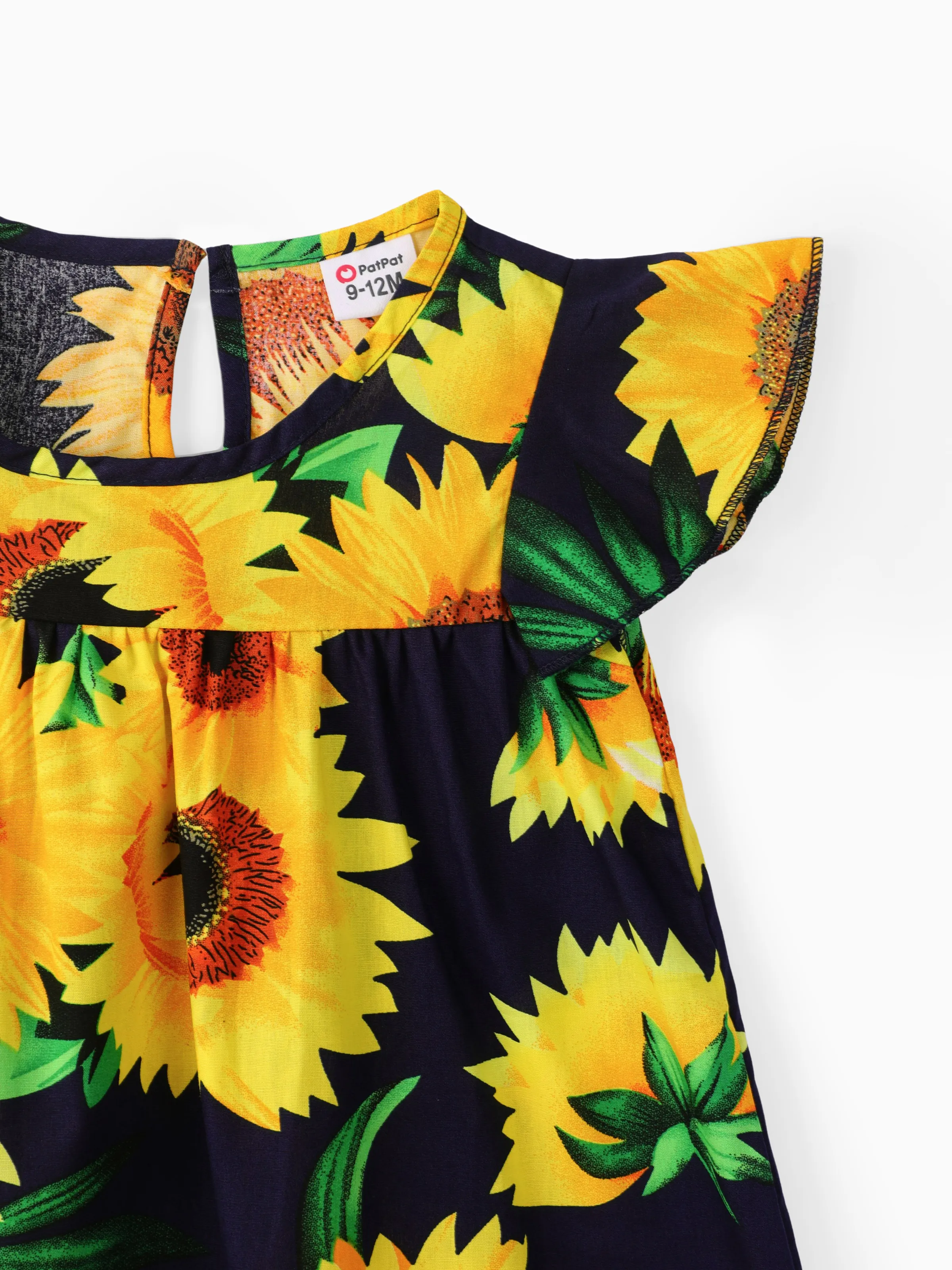Baby Girl 100% Cotton Cotton Sunflower Print Flutter-sleeve Dress Dark Blue - Image 4