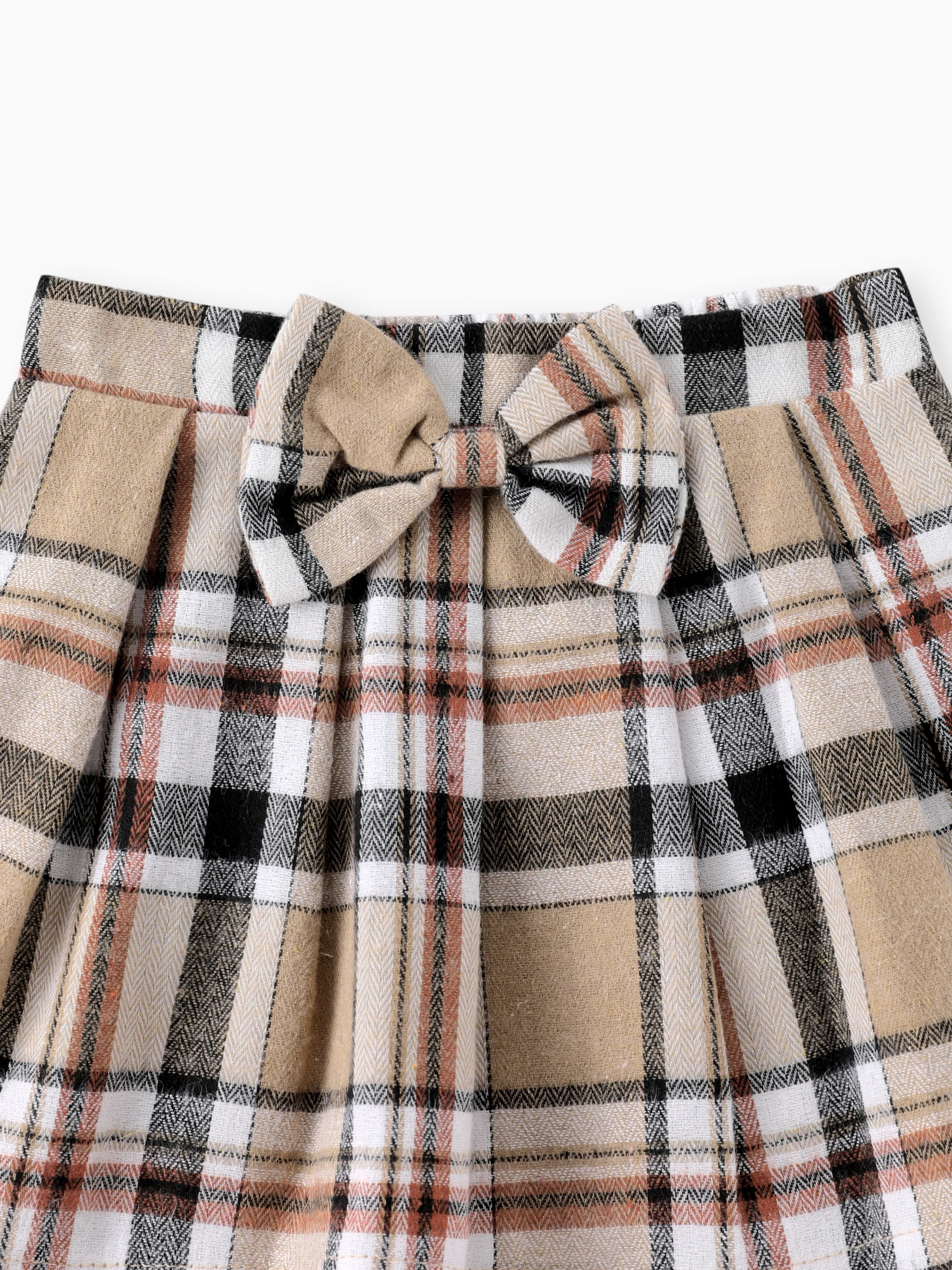 Baby Girl 3pcs Bear Style Embroidered Ruffled Romper and Plaid Skirt with Headband Set Beige - Image 12