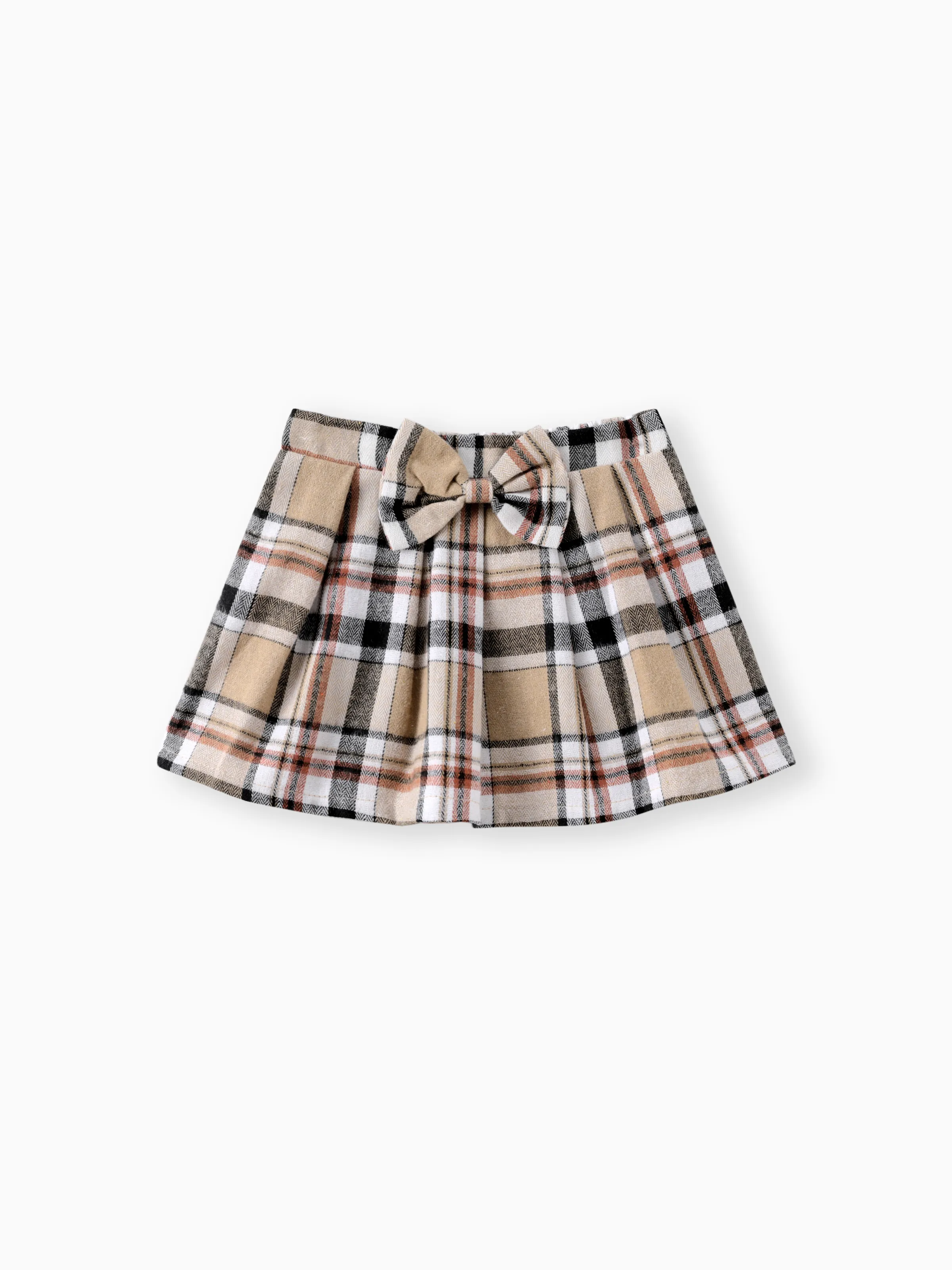 Baby Girl 3pcs Bear Style Embroidered Ruffled Romper and Plaid Skirt with Headband Set Beige - Image 4