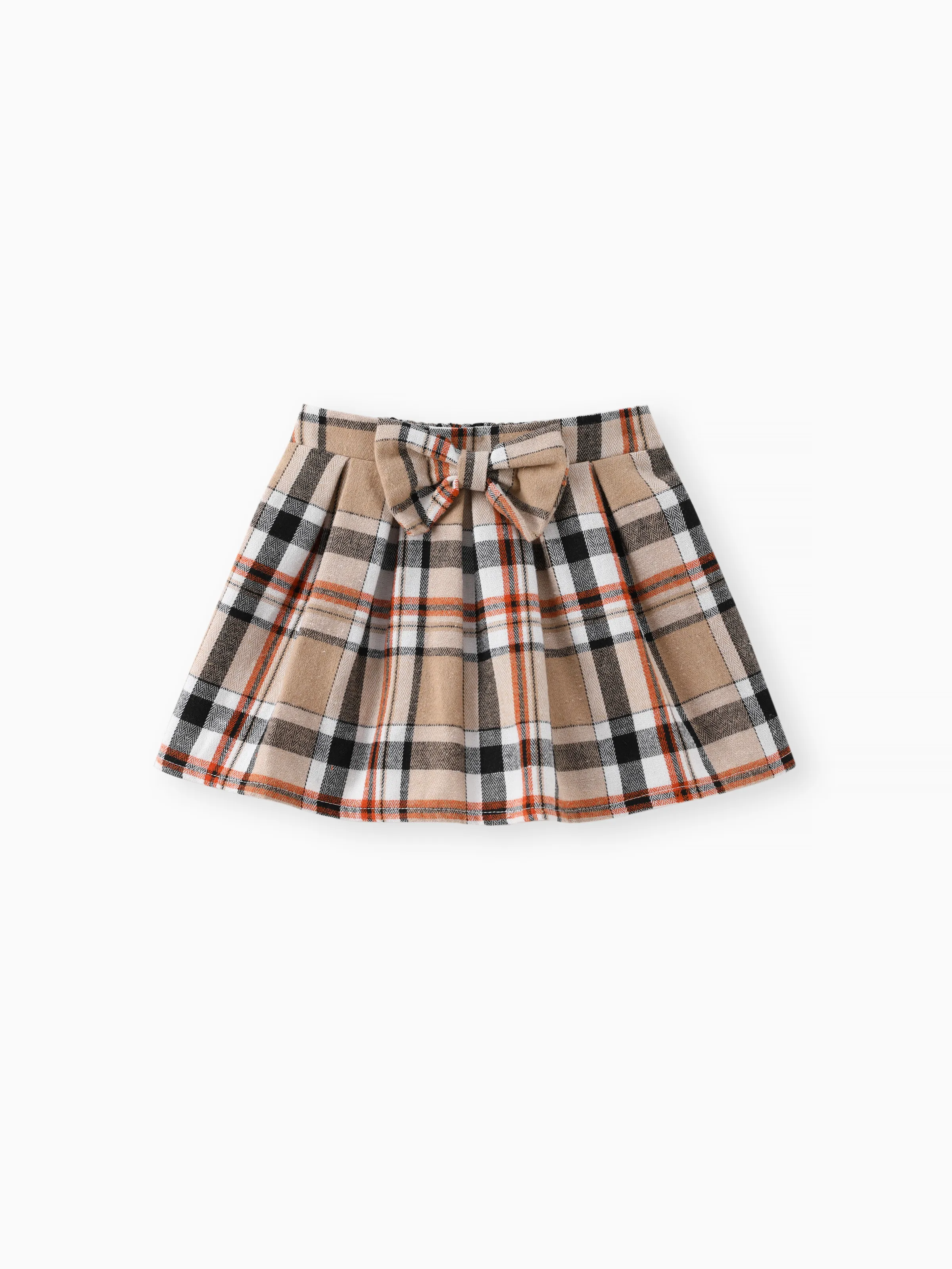 Baby Girl 3pcs Bear Style Embroidered Ruffled Romper and Plaid Skirt with Headband Set Brown - Image 3