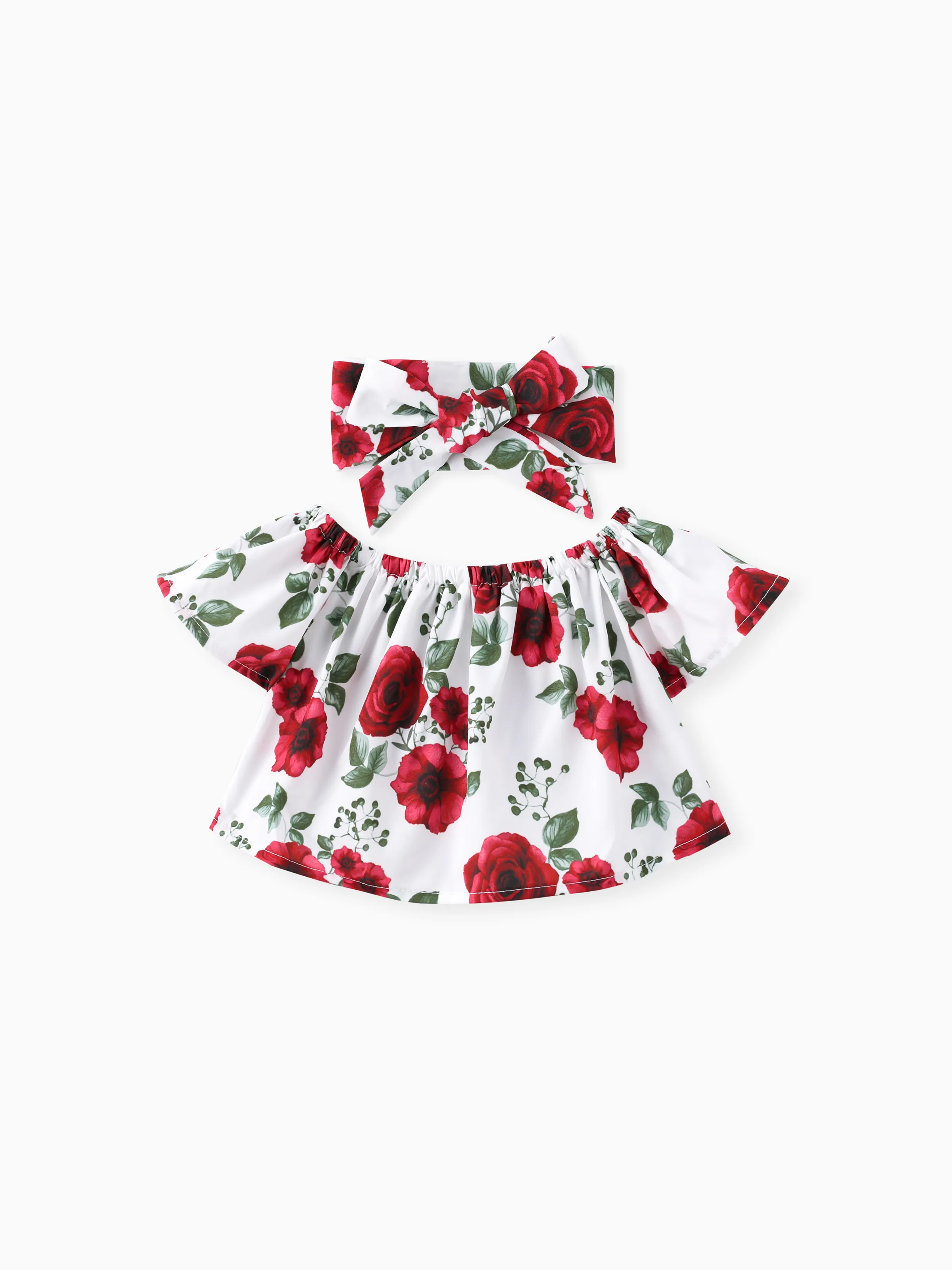 Baby Girl 3pcs Sweet Off-Shoulder Tee and Denim Jeans and Heandband Set Red - Image 4