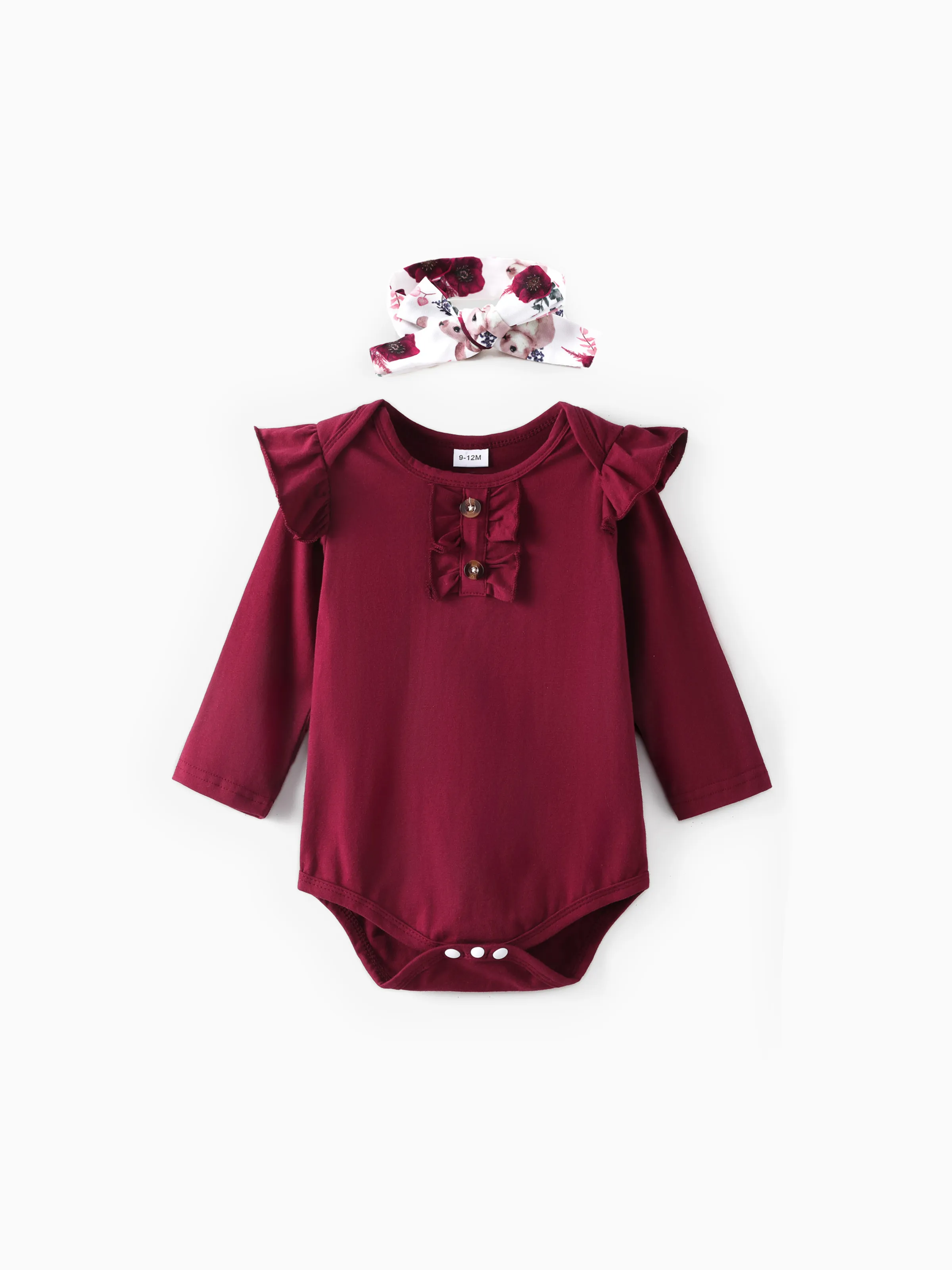 Baby Girl 3pcs Sweet Solid Romper and Floral Print Ruffled Overalls with Headband Set Burgundy - Image 3