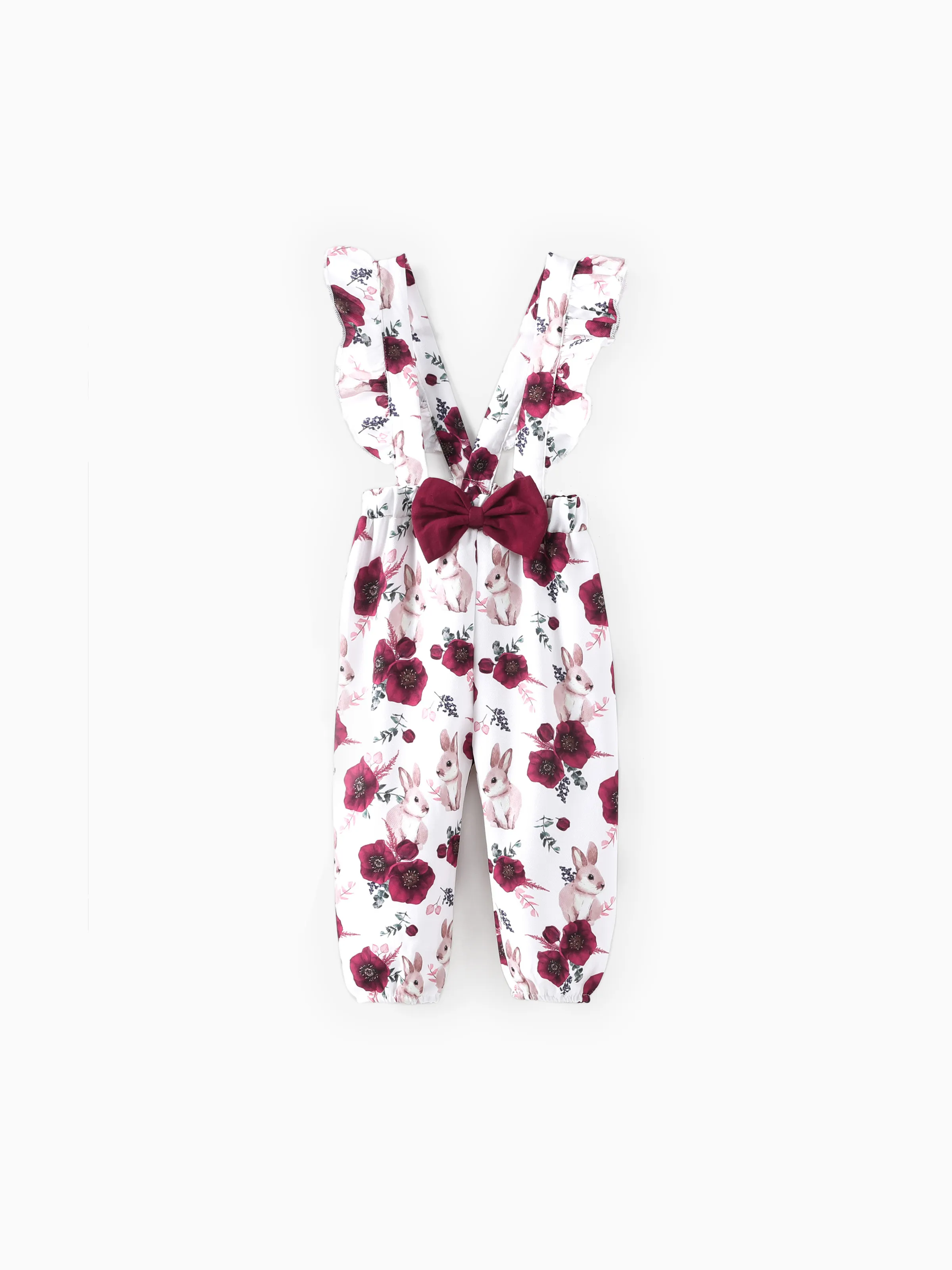 Baby Girl 3pcs Sweet Solid Romper and Floral Print Ruffled Overalls with Headband Set Burgundy - Image 4
