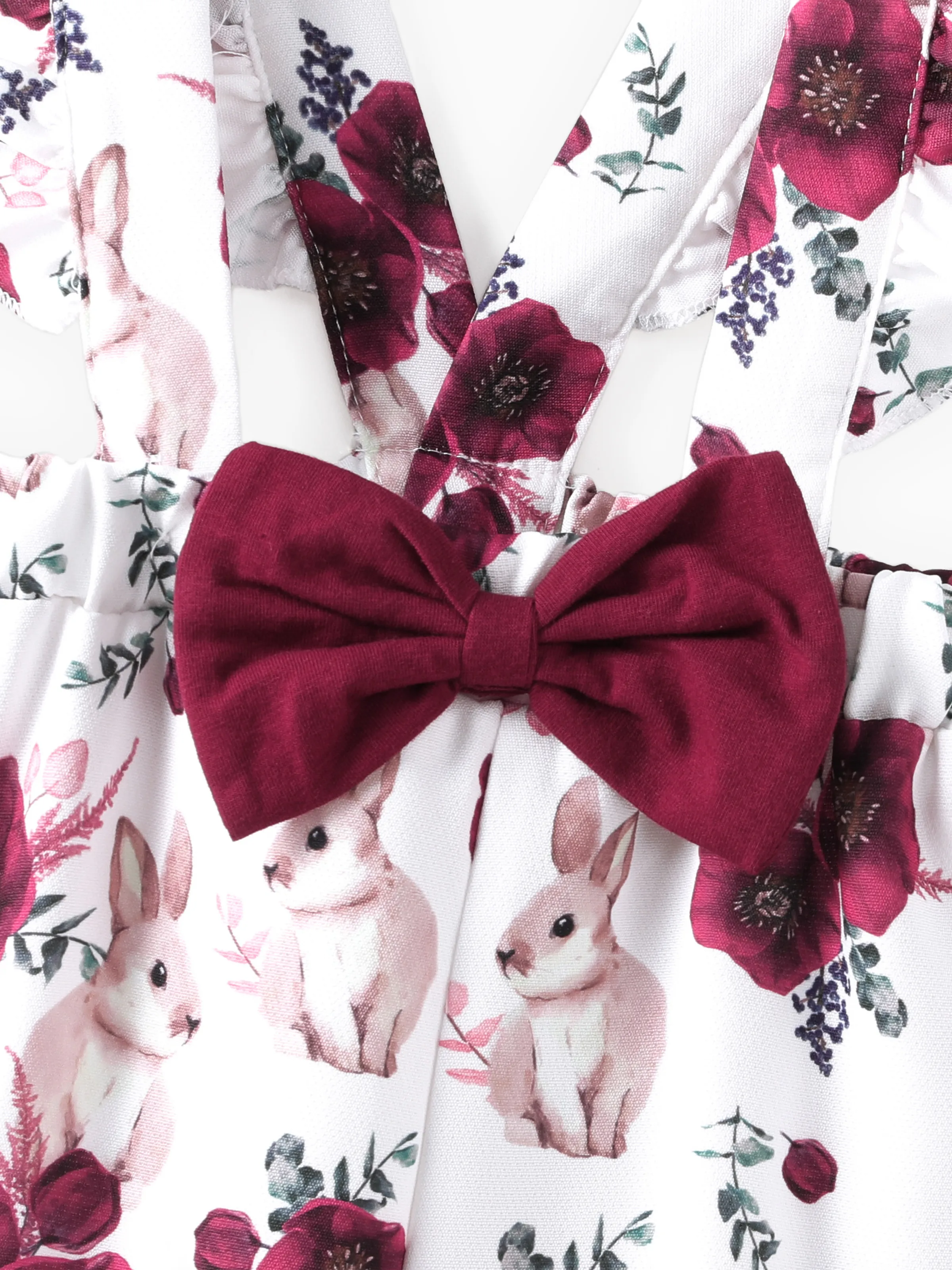 Baby Girl 3pcs Sweet Solid Romper and Floral Print Ruffled Overalls with Headband Set Burgundy - Image 6