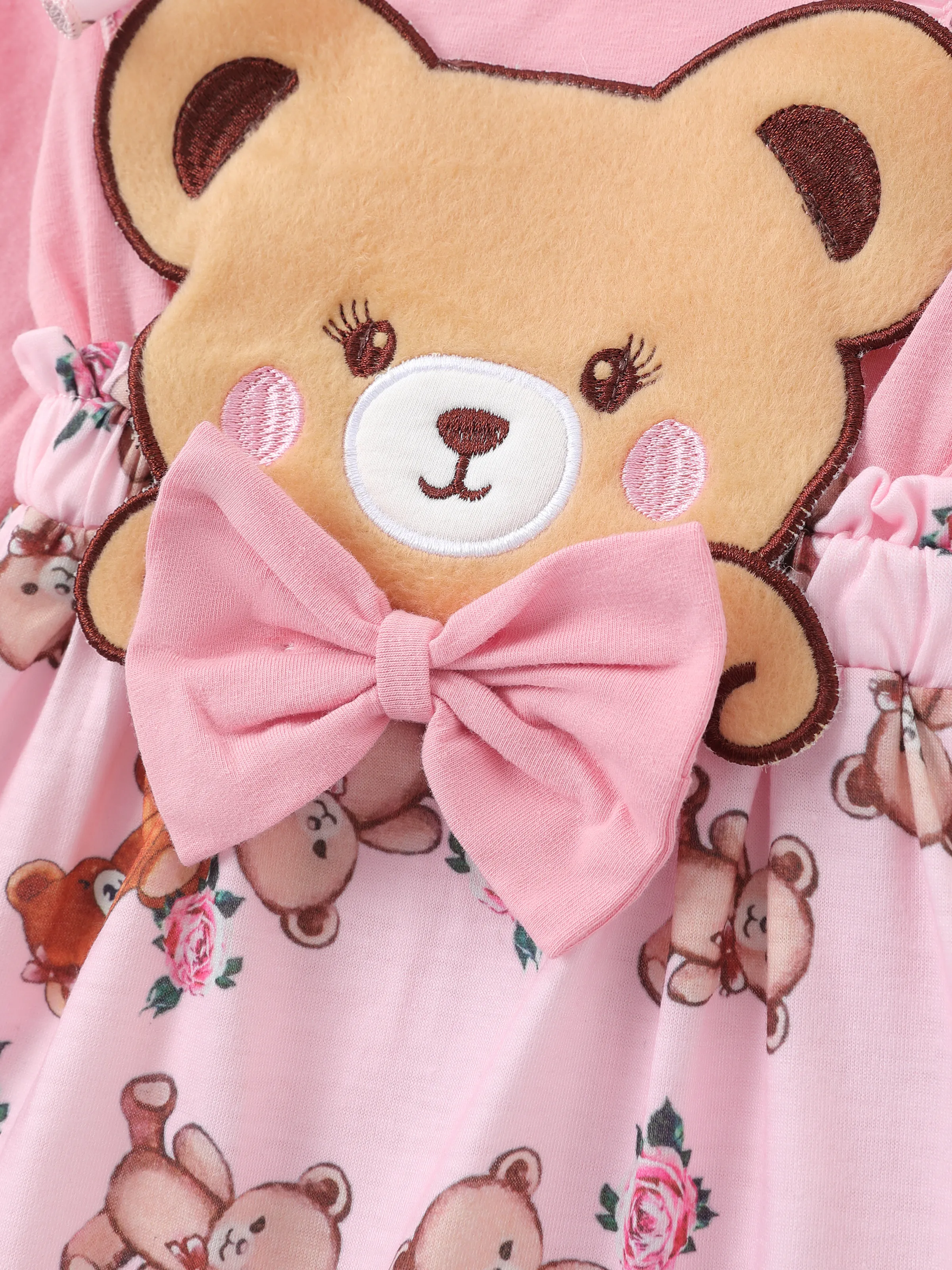 Baby Girl Bear Style Embroidered Floral Jumpsuit Pink - Image 2