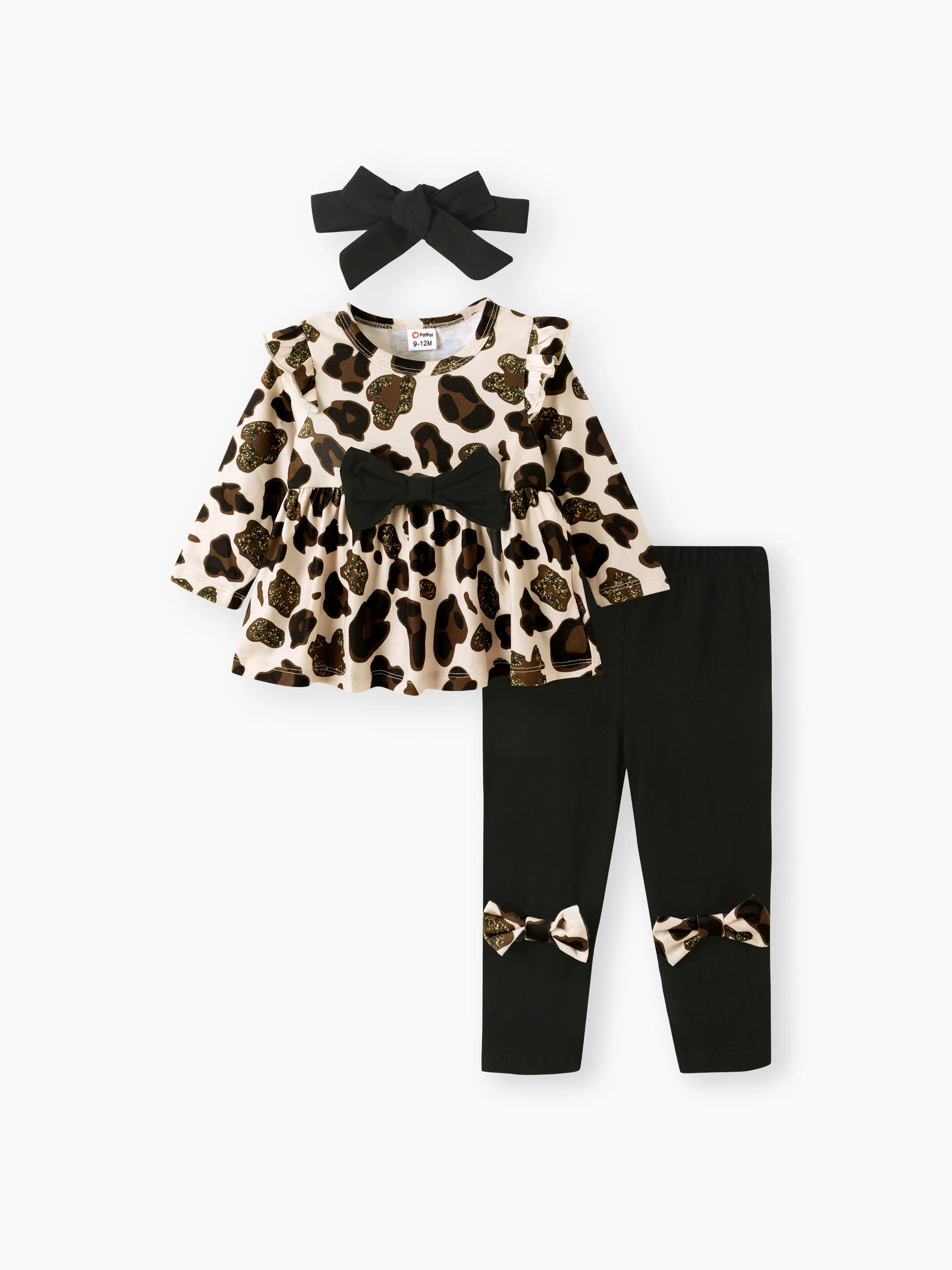 Baby Girl Clothes 3pcs Leopard Ruffle Top and Leggings with Headband Set Apricot - Image 10